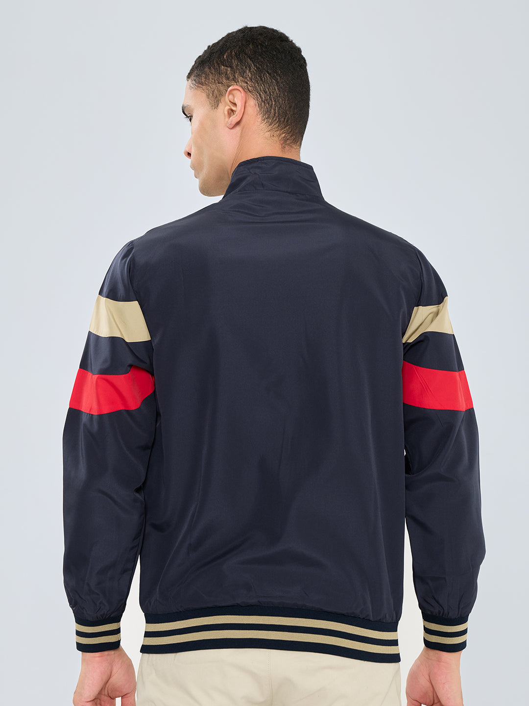 Men Beige Self Design Stand Collar Full Sleeve Windcheater
