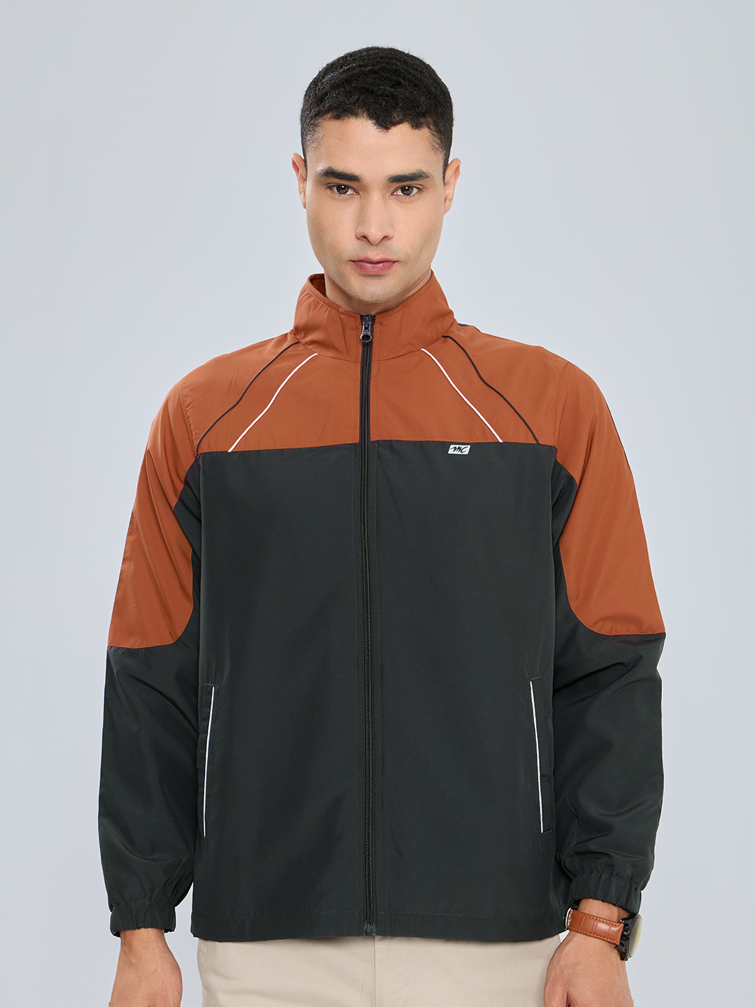 Men Charcoal Self Design Collar Full Sleeve Windcheater