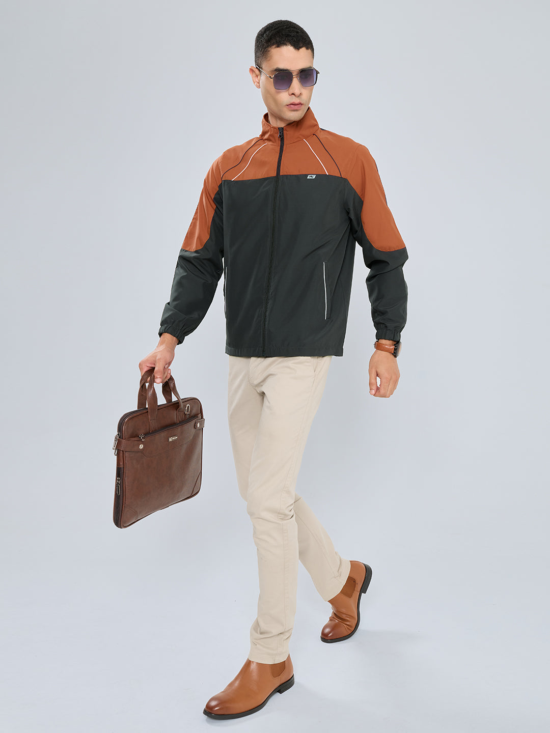 Men Charcoal Self Design Collar Full Sleeve Windcheater