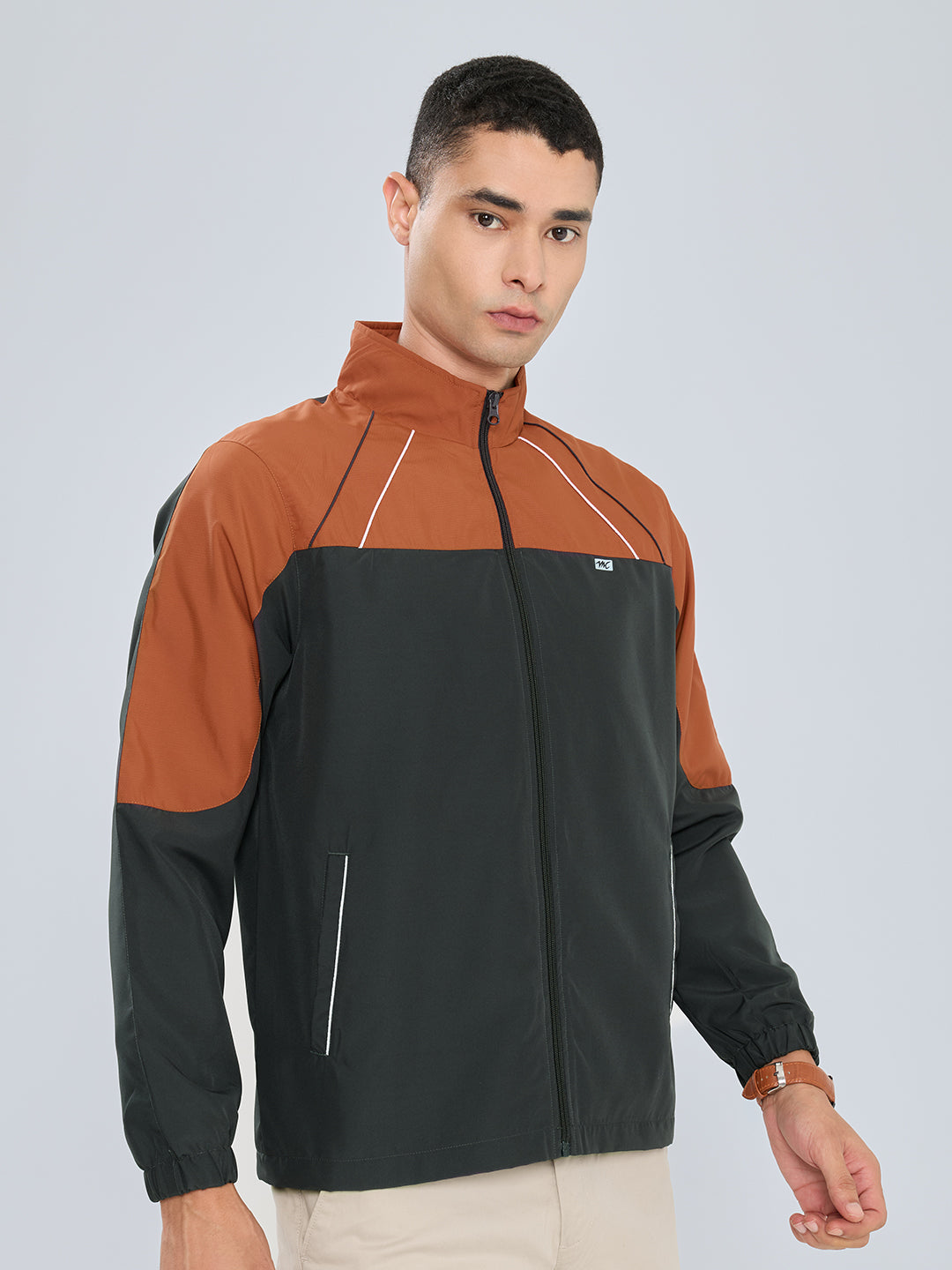Men Charcoal Self Design Collar Full Sleeve Windcheater