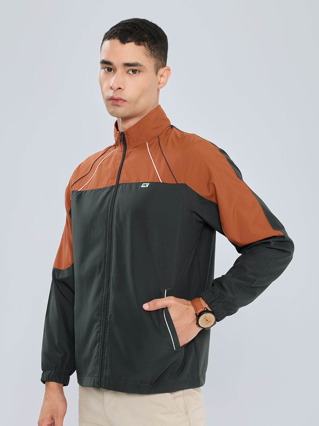 Men Charcoal Self Design Collar Full Sleeve Windcheater