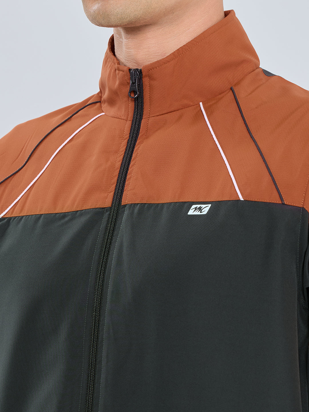 Men Charcoal Self Design Collar Full Sleeve Windcheater