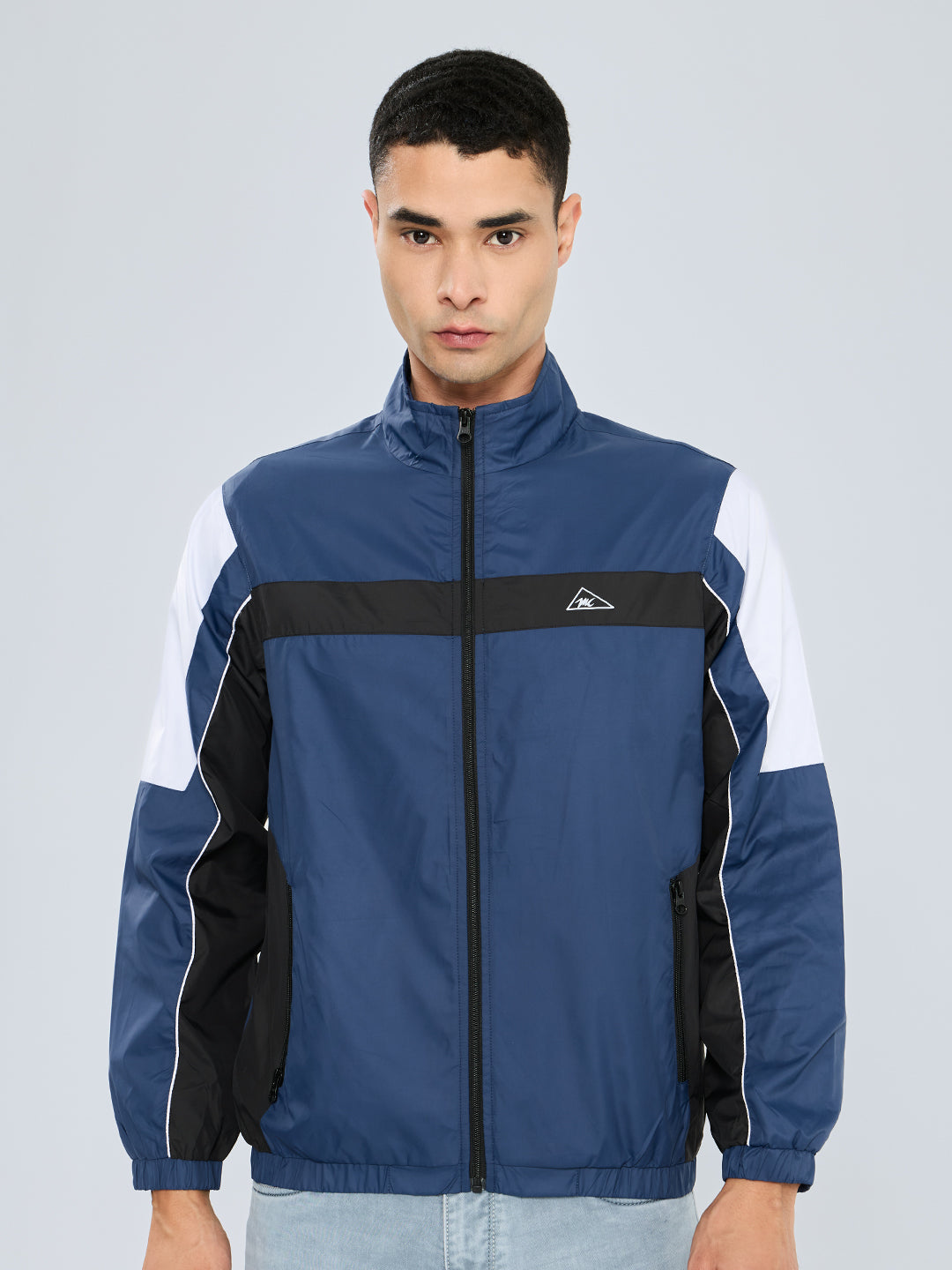 Men Blue Self Design Collar Full Sleeve Windcheater
