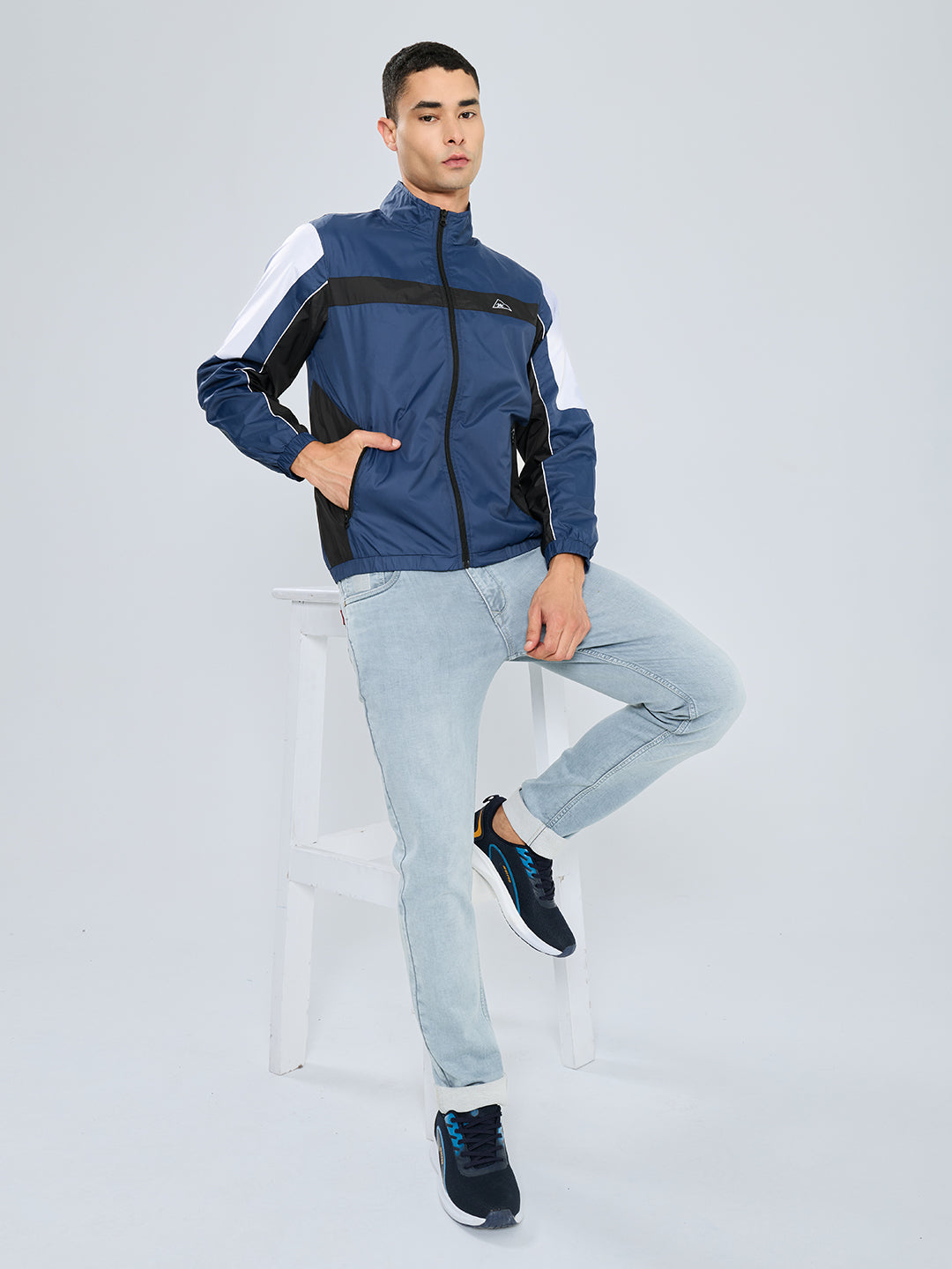 Men Blue Self Design Collar Full Sleeve Windcheater