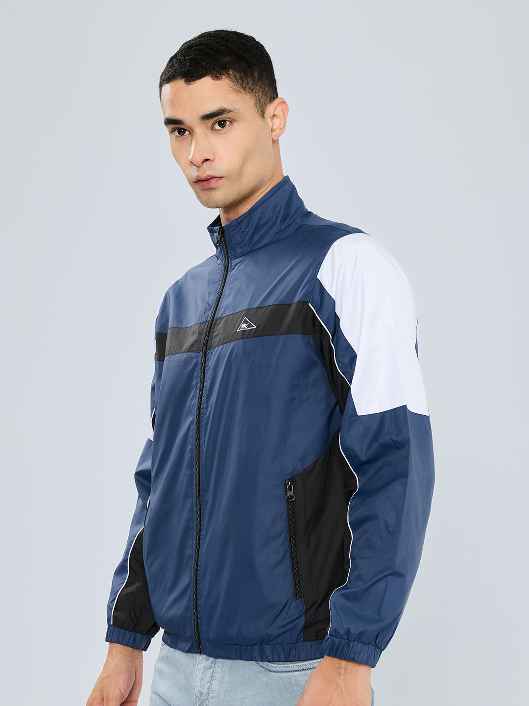 Men Blue Self Design Collar Full Sleeve Windcheater