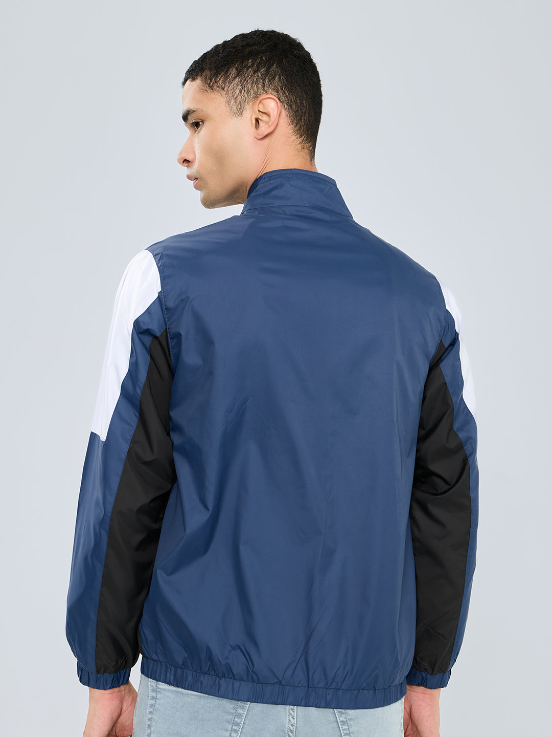 Men Blue Self Design Collar Full Sleeve Windcheater