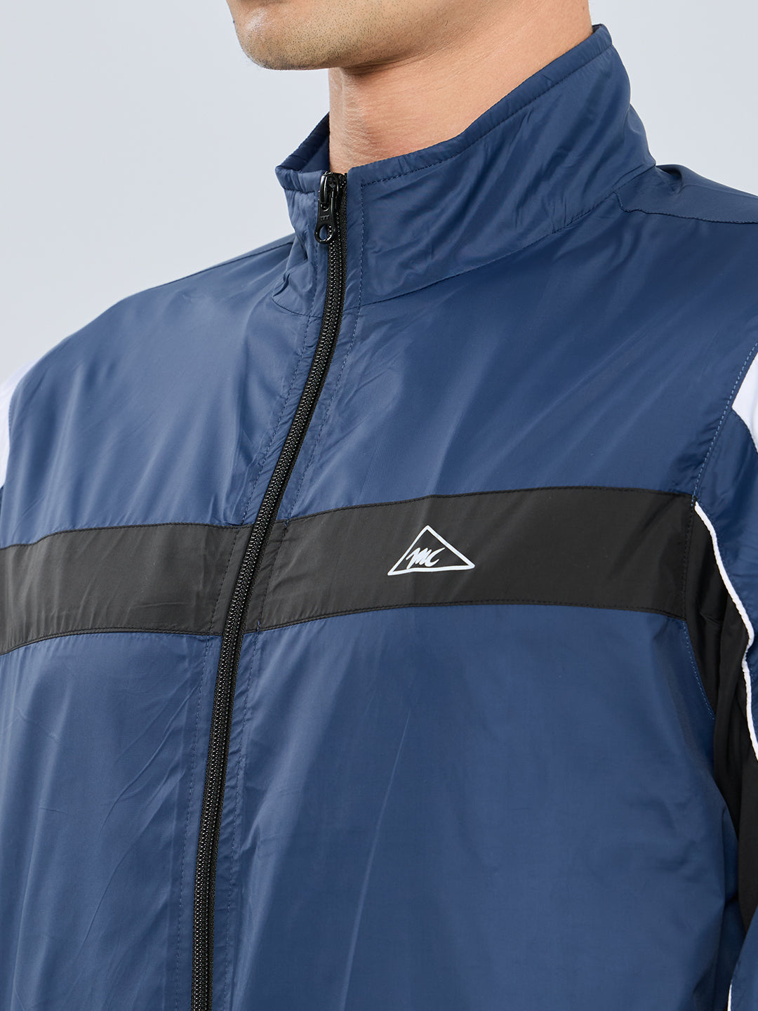 Men Blue Self Design Collar Full Sleeve Windcheater