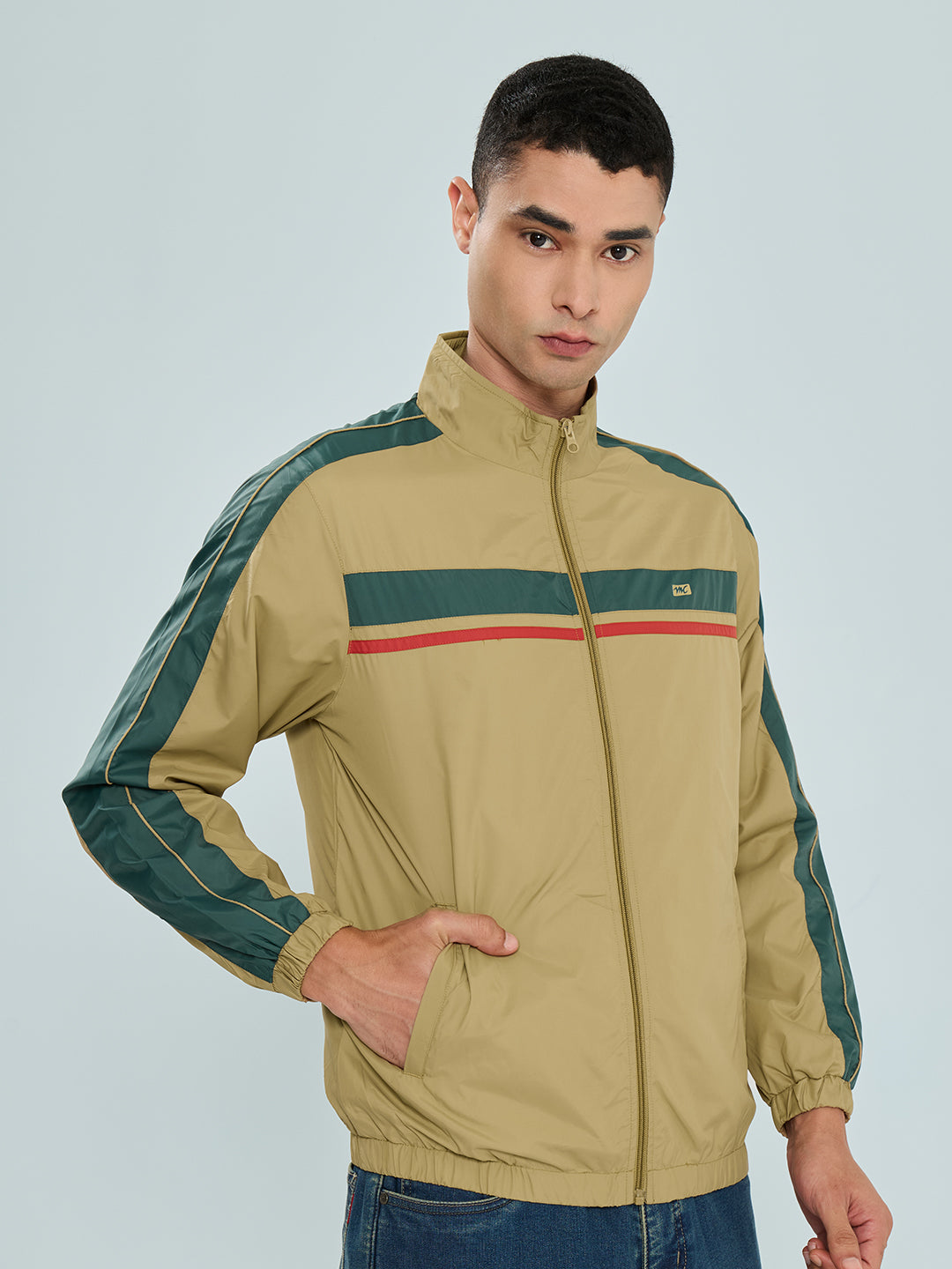 Men Camel Brown Self Design Collar Full Sleeve Windcheater