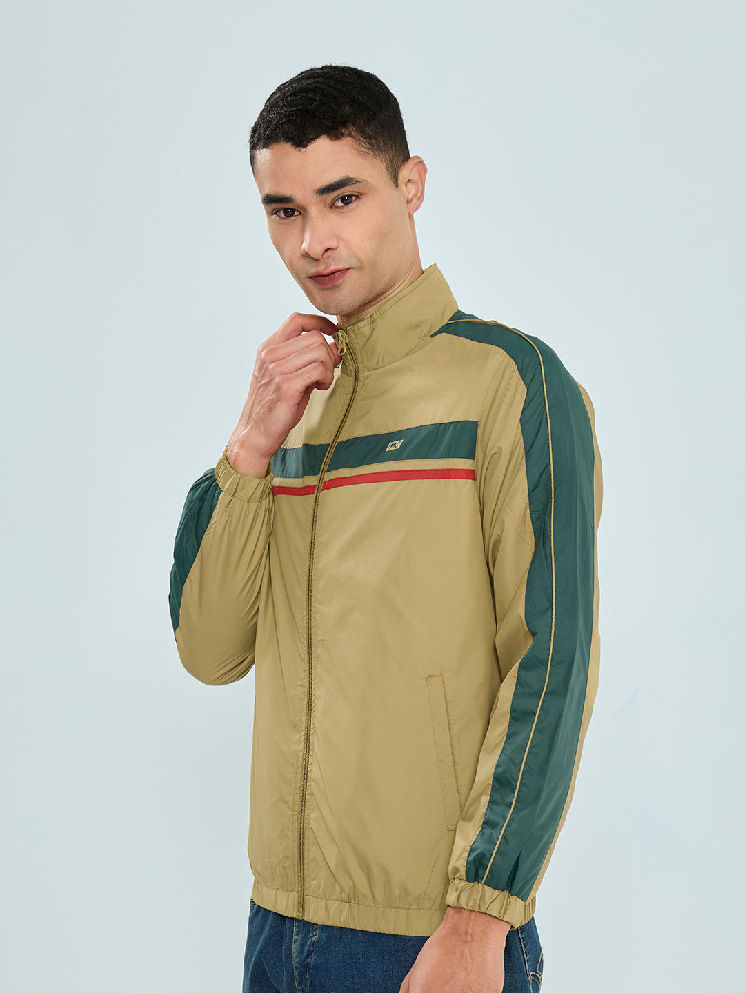 Men Camel Brown Self Design Collar Full Sleeve Windcheater