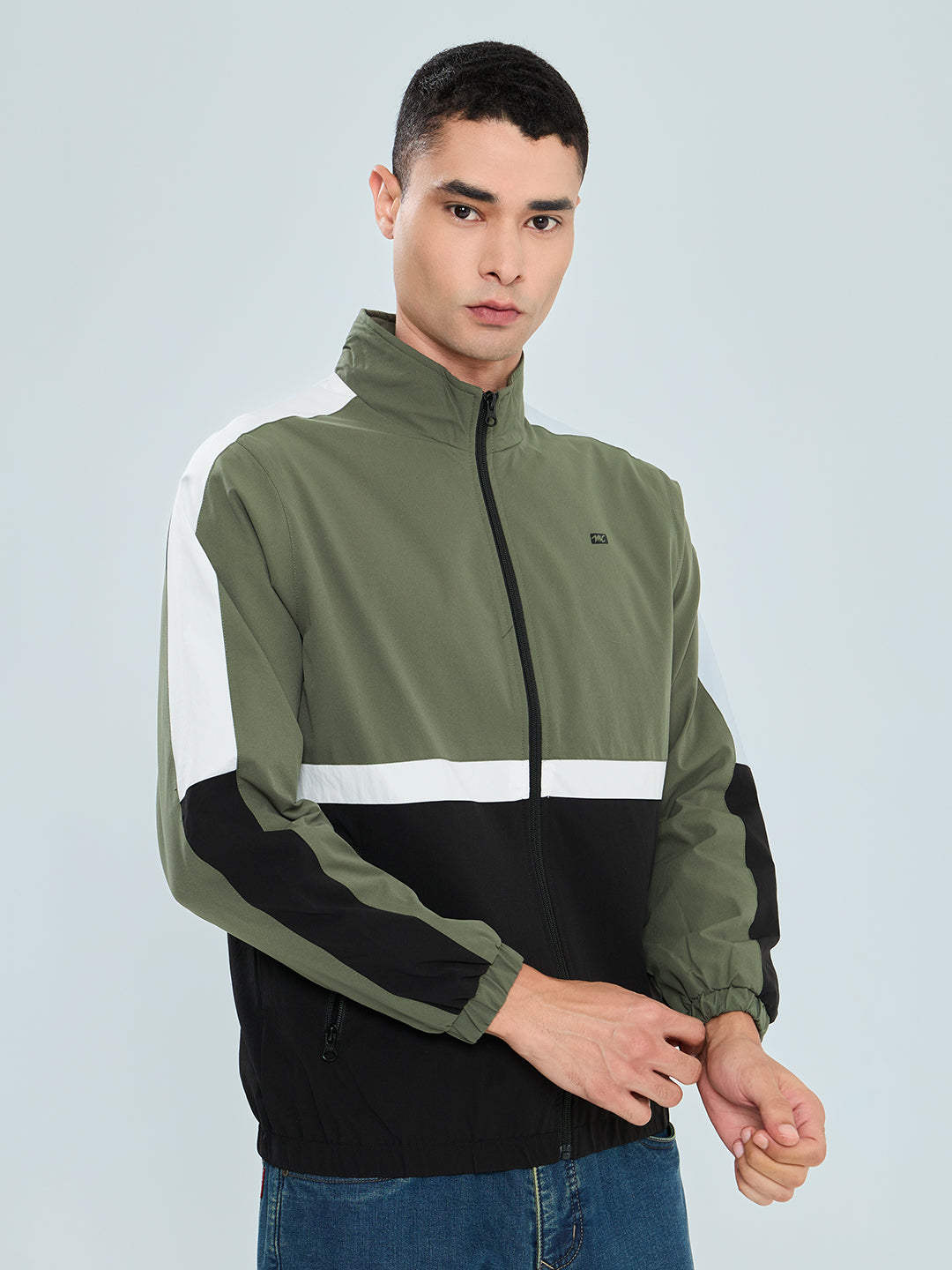 Men Olive Self Design Collar Full Sleeve Windcheater