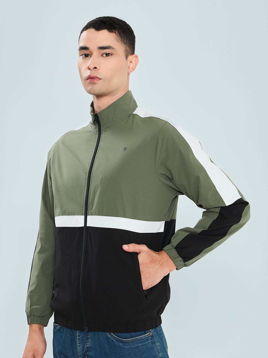 Men Olive Self Design Collar Full Sleeve Windcheater