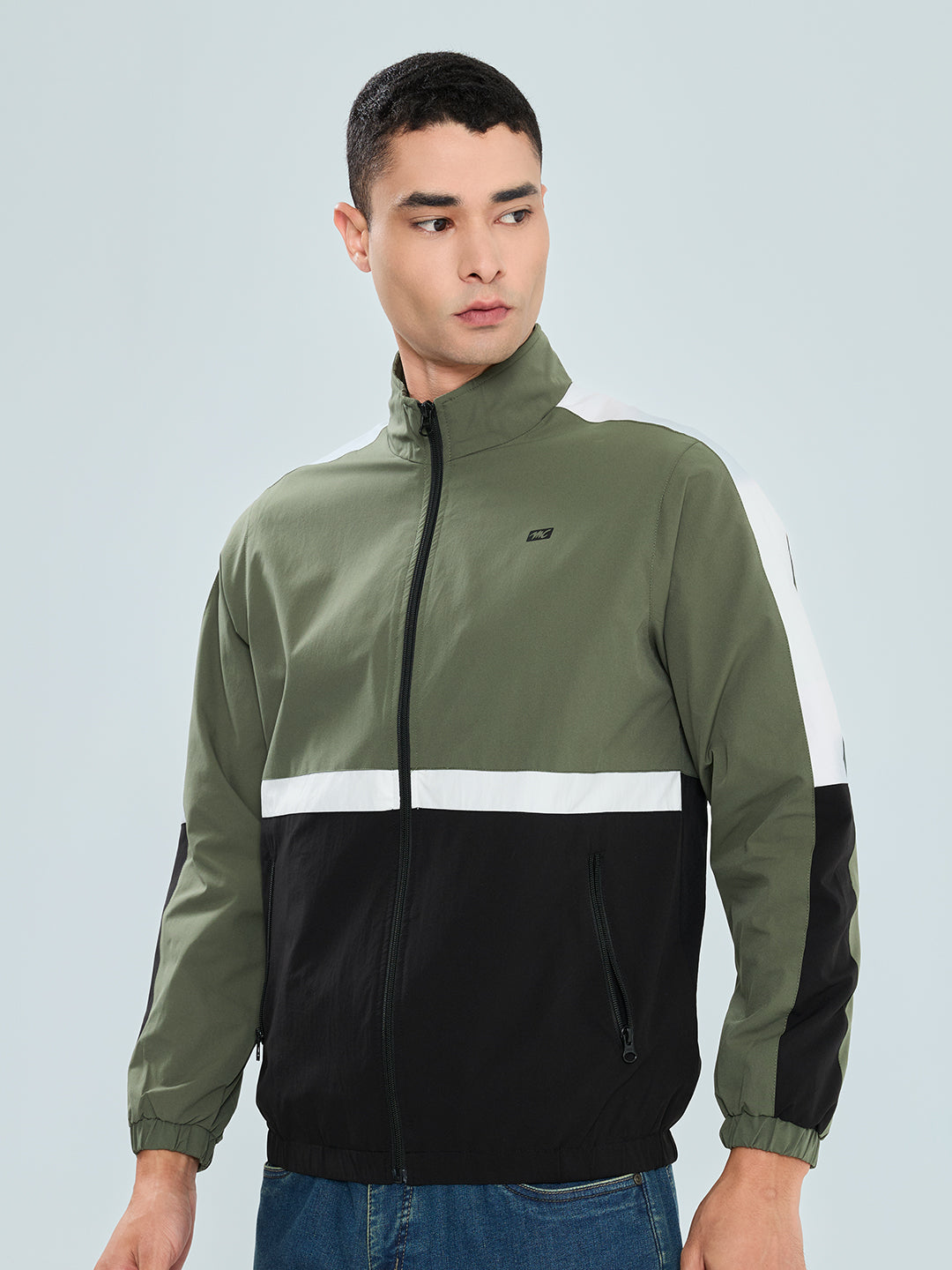 Men Olive Self Design Collar Full Sleeve Windcheater