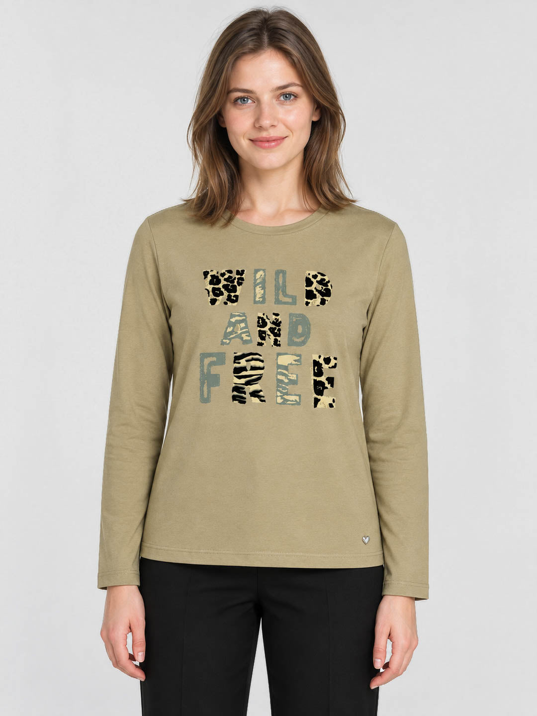 Women Khaki Printed Round Neck Full Sleeve Winter T-Shirt