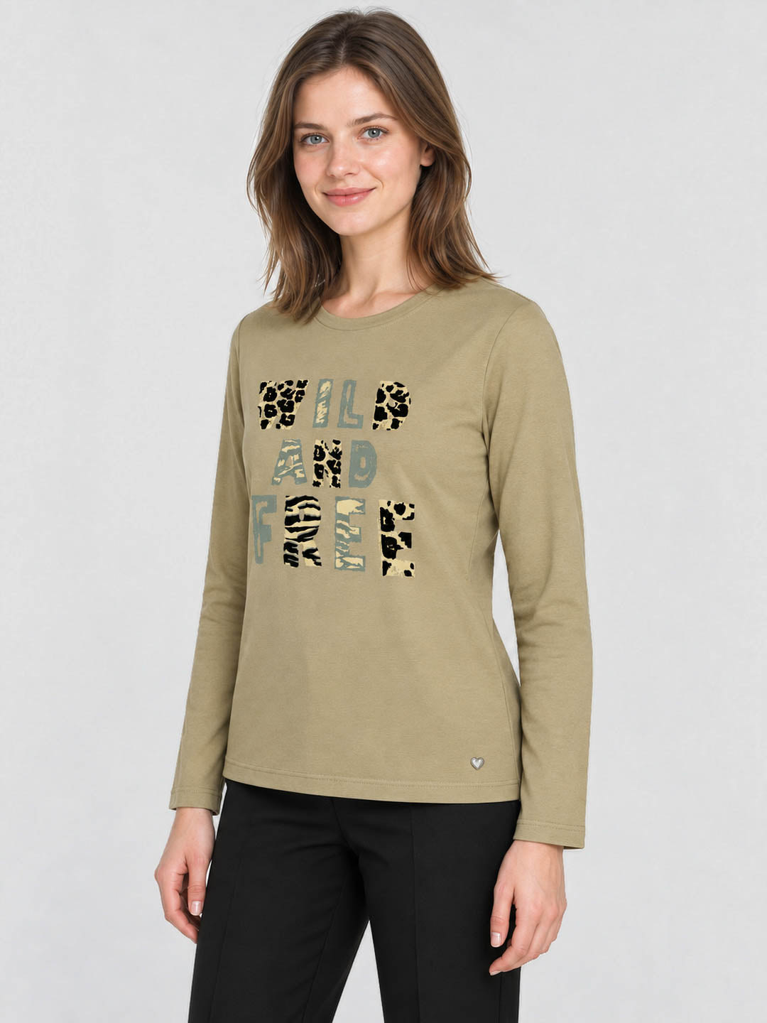 Women Khaki Printed Round Neck Full Sleeve Winter T-Shirt
