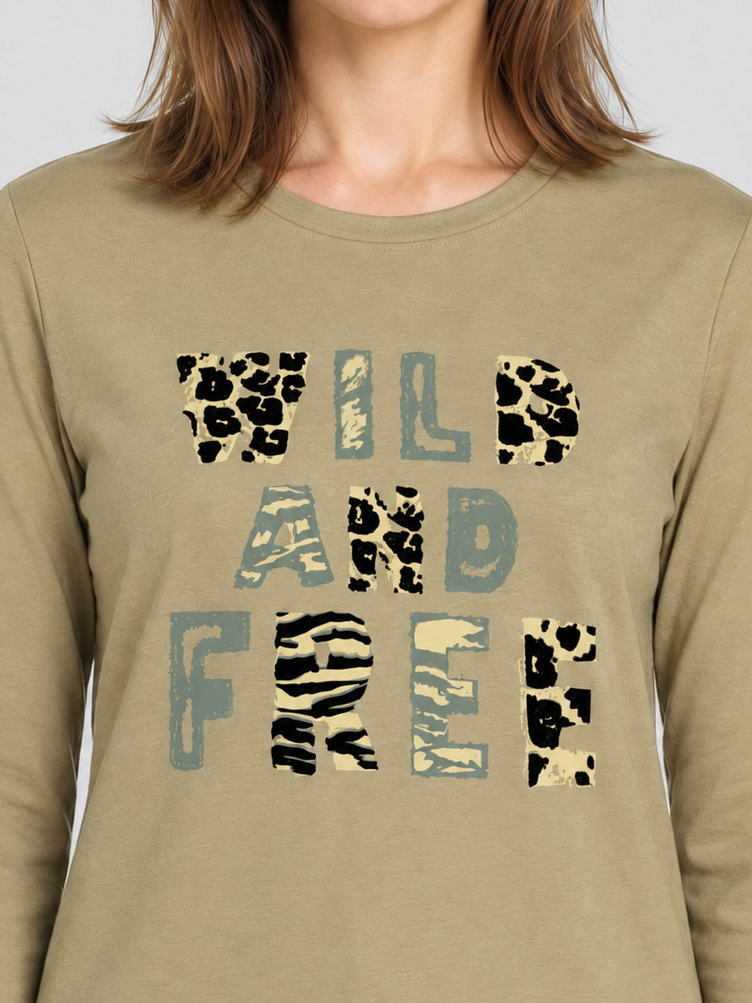 Women Khaki Printed Round Neck Full Sleeve Winter T-Shirt