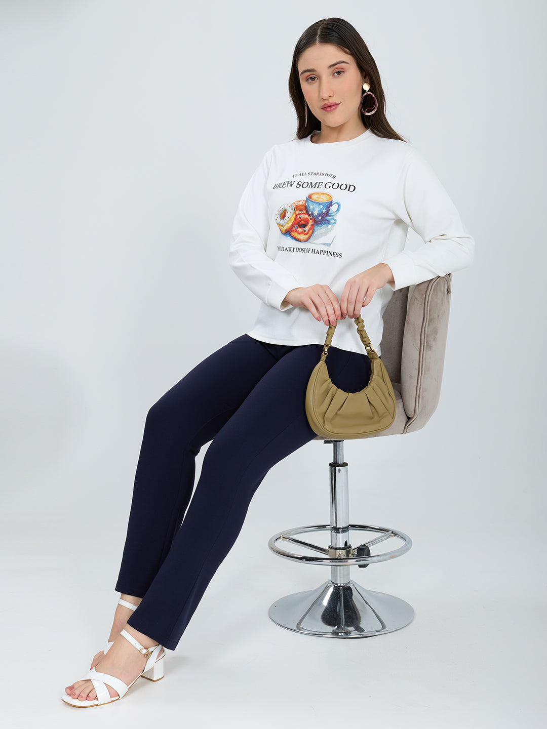 Women Off White Printed Round Neck Full Sleeve Winter Top