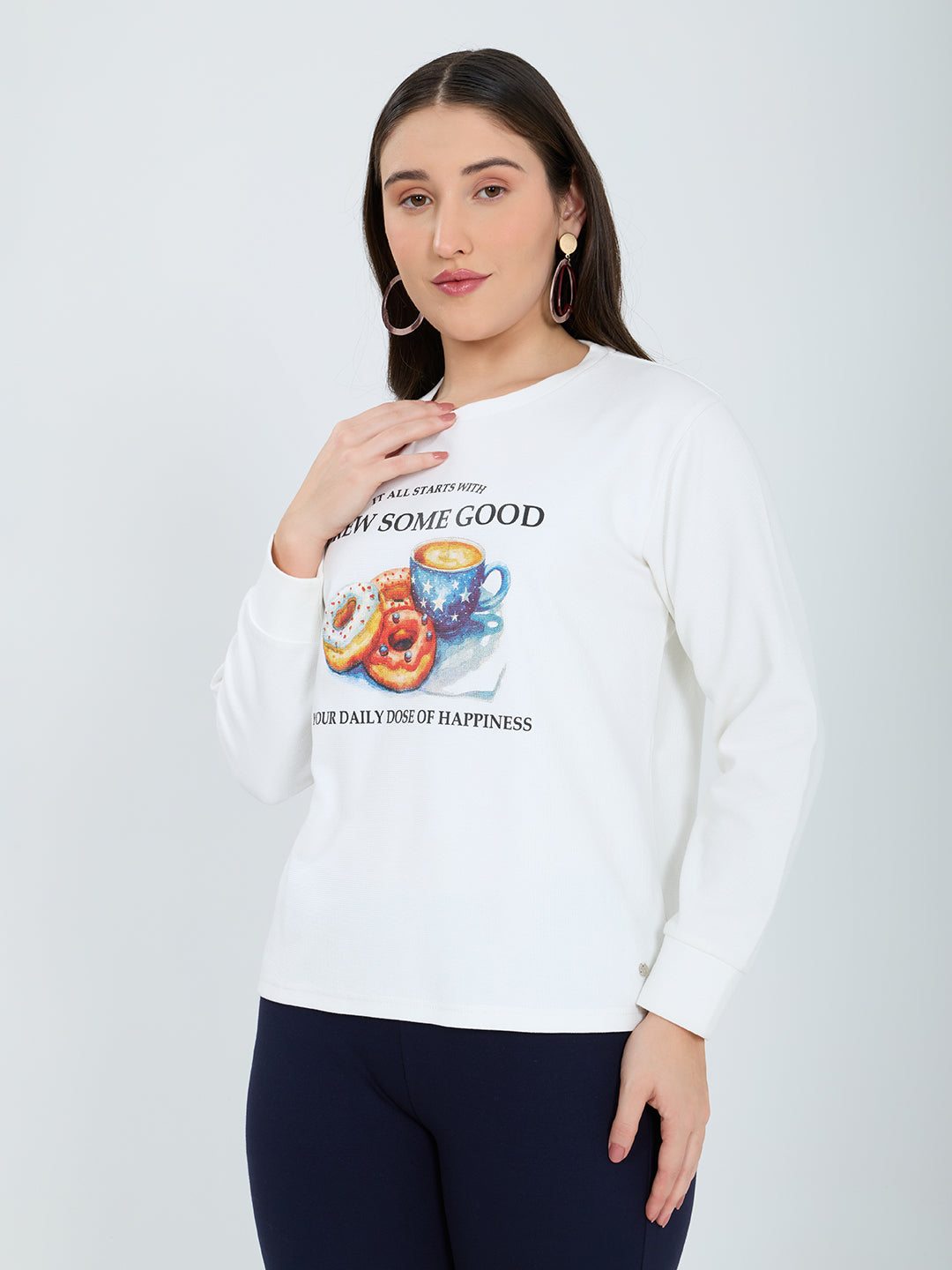 Women Off White Printed Round Neck Full Sleeve Winter Top