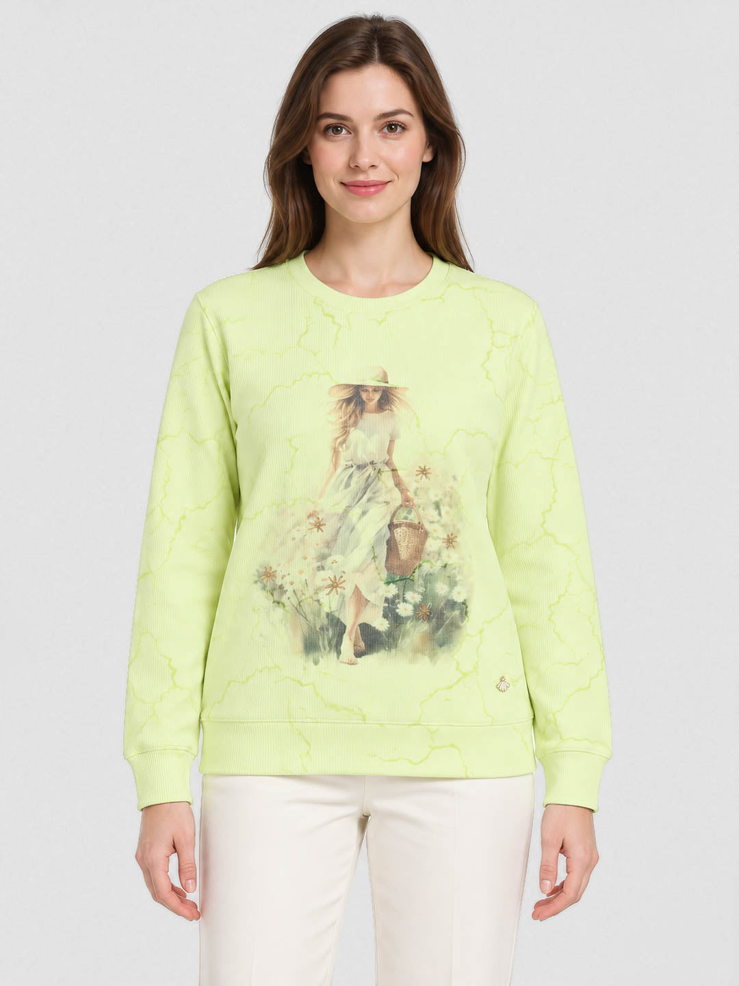 Women Green Printed Round Neck Full Sleeve Winter Top