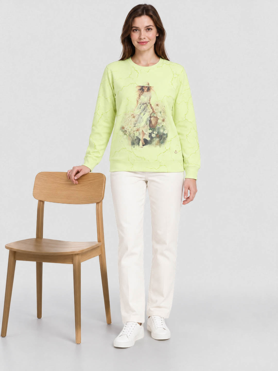 Women Green Printed Round Neck Full Sleeve Winter Top