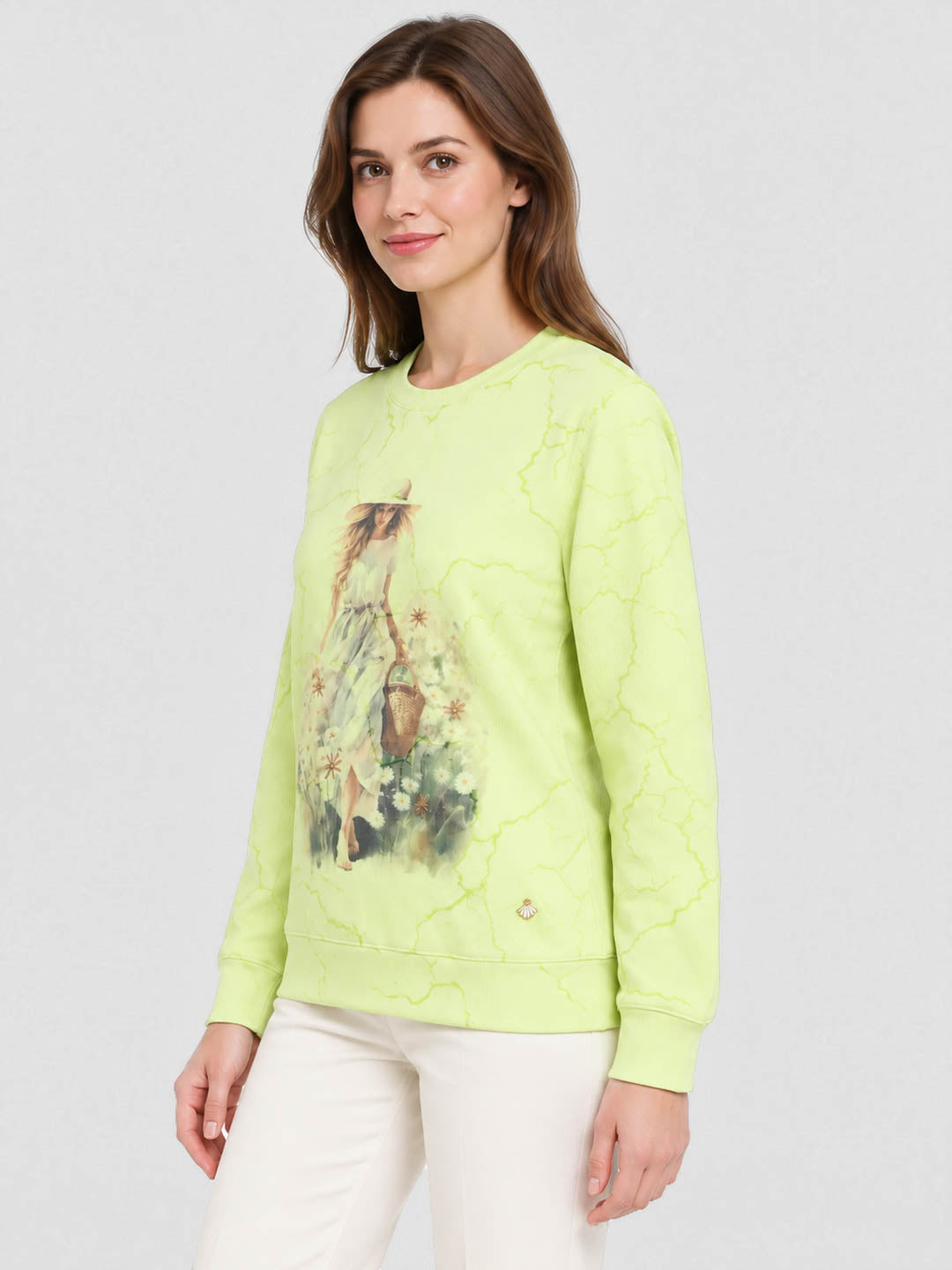 Women Green Printed Round Neck Full Sleeve Winter Top