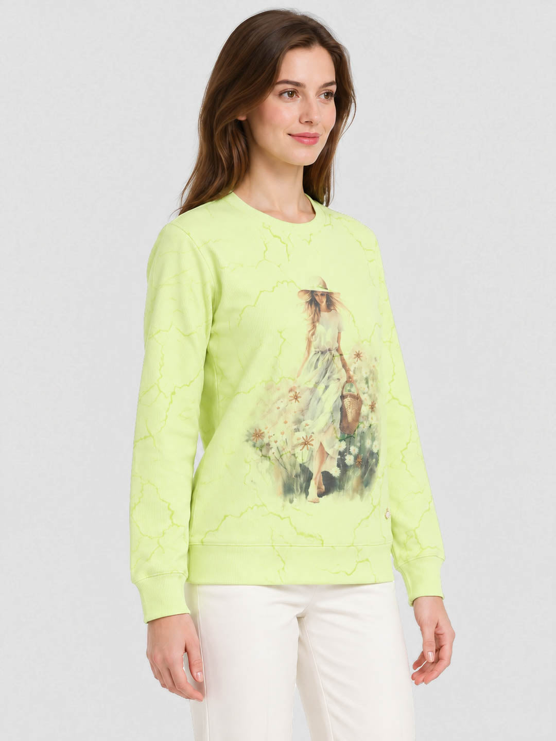 Women Green Printed Round Neck Full Sleeve Winter Top