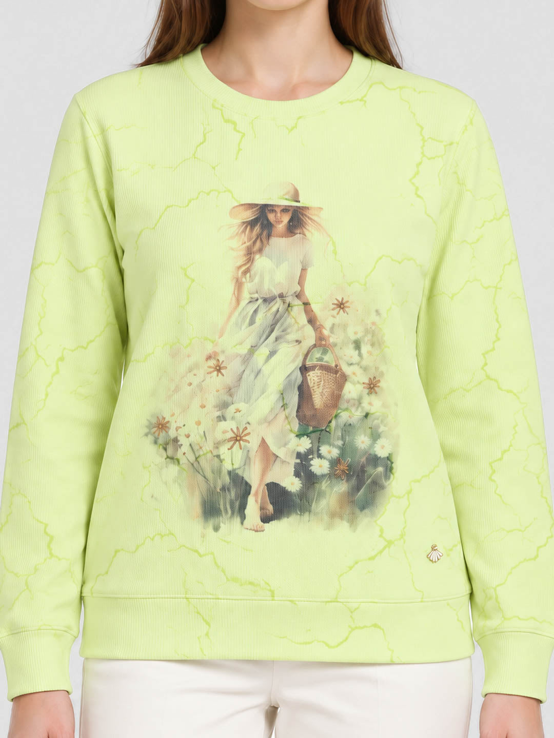 Women Green Printed Round Neck Full Sleeve Winter Top