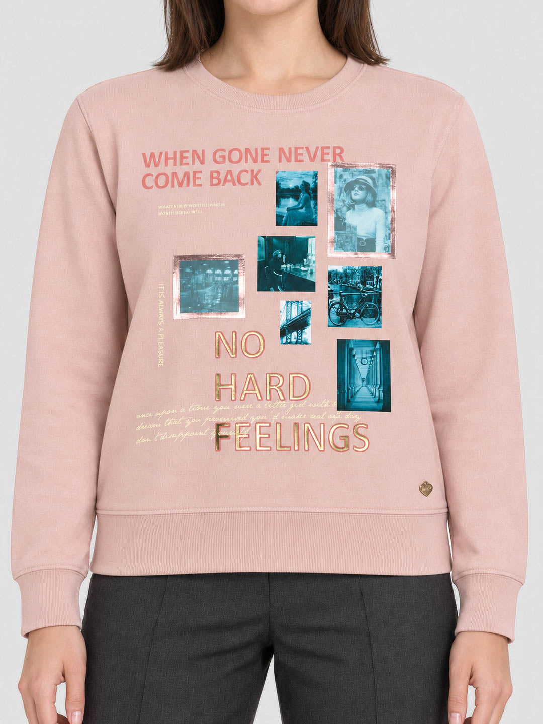 Women Light Pink Printed Round Neck Full Sleeve Winter Top