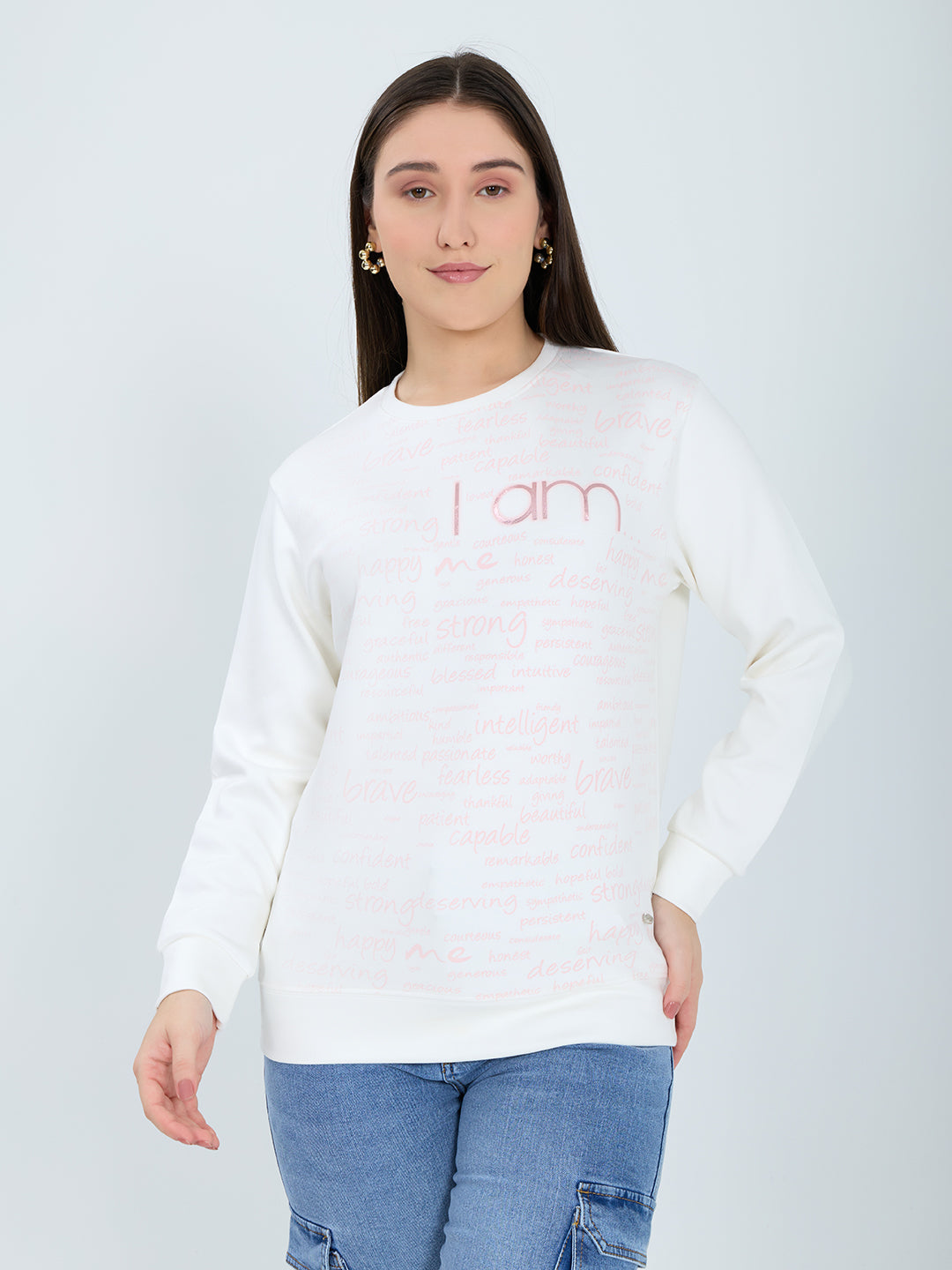 Women Off White Printed Round Neck Full Sleeve Sweatshirt