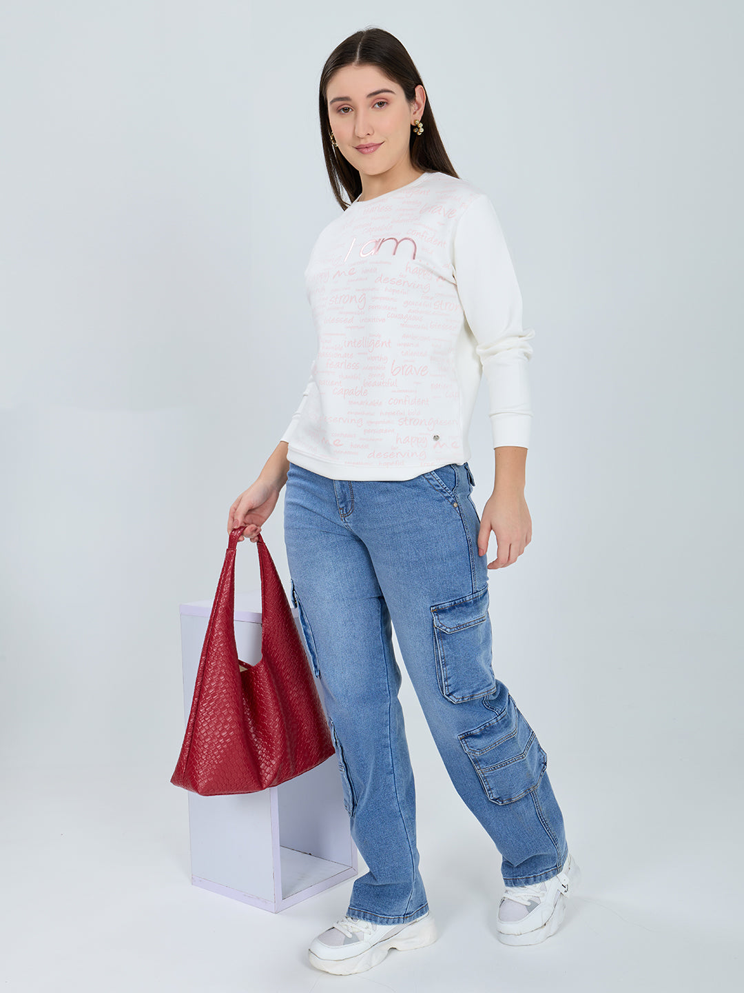 Women Off White Printed Round Neck Full Sleeve Sweatshirt