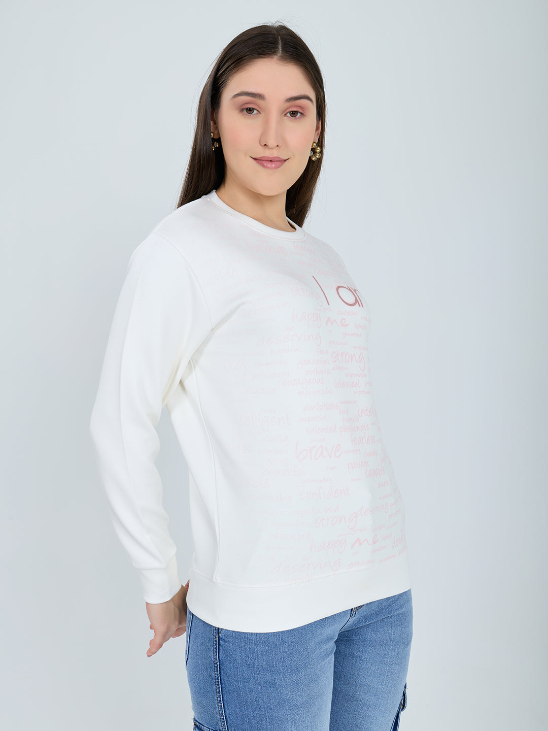 Women Off White Printed Round Neck Full Sleeve Sweatshirt