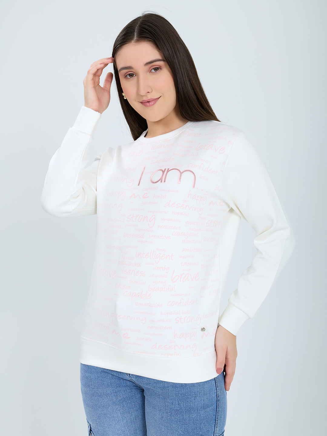 Women Off White Printed Round Neck Full Sleeve Sweatshirt