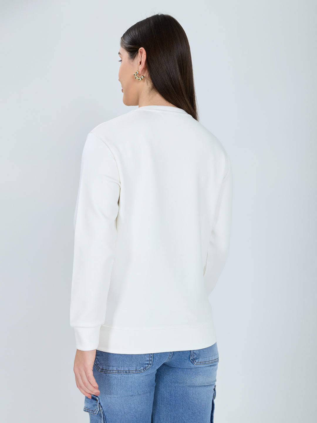 Women Off White Printed Round Neck Full Sleeve Sweatshirt