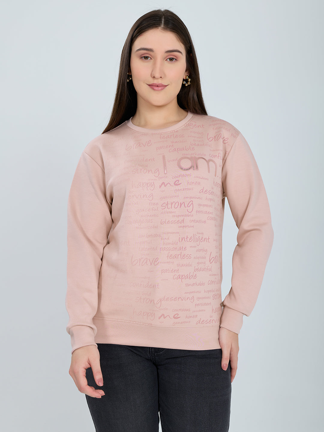 Women Pink Printed Round Neck Full Sleeve Sweatshirt