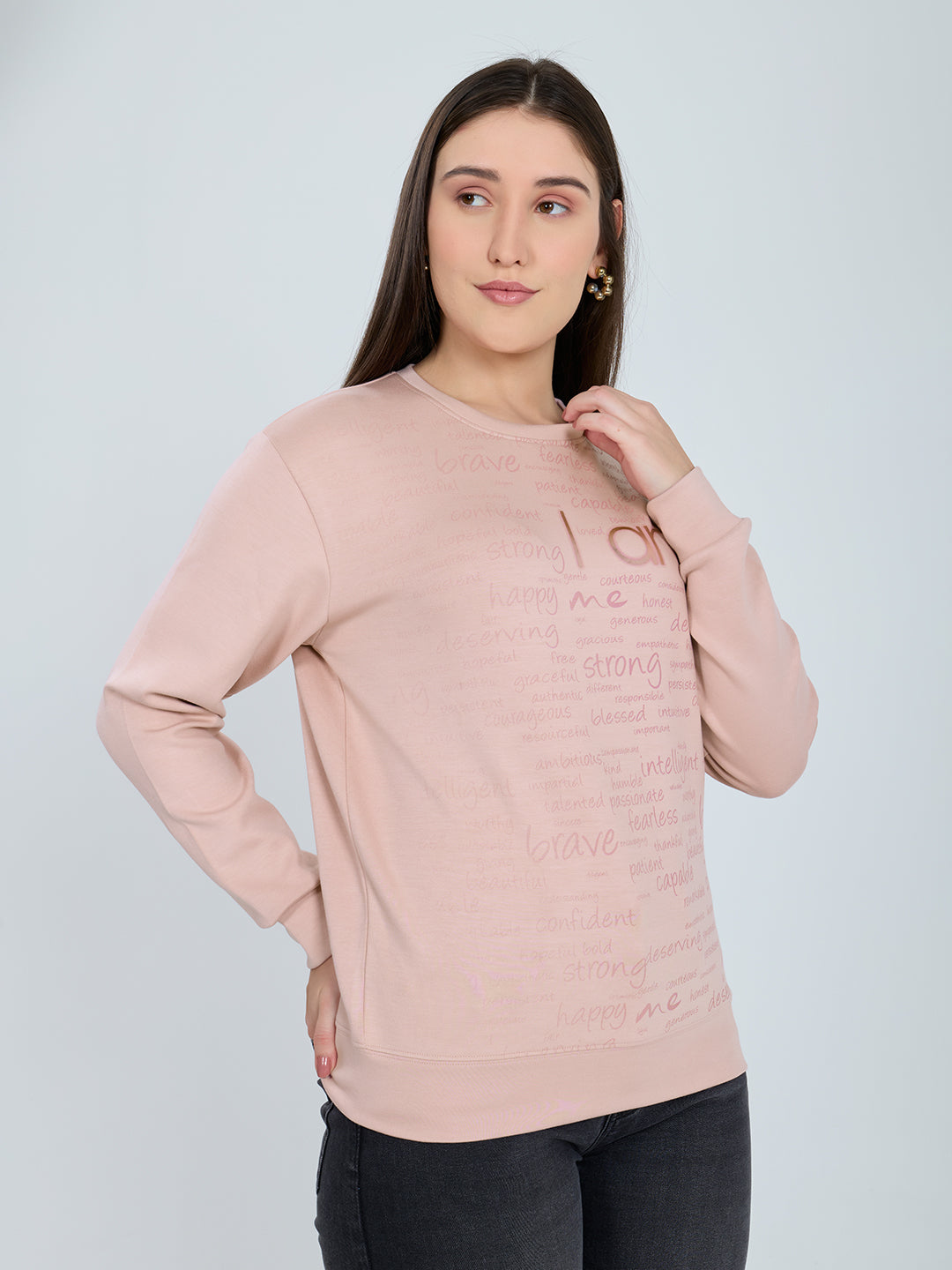 Women Pink Printed Round Neck Full Sleeve Sweatshirt