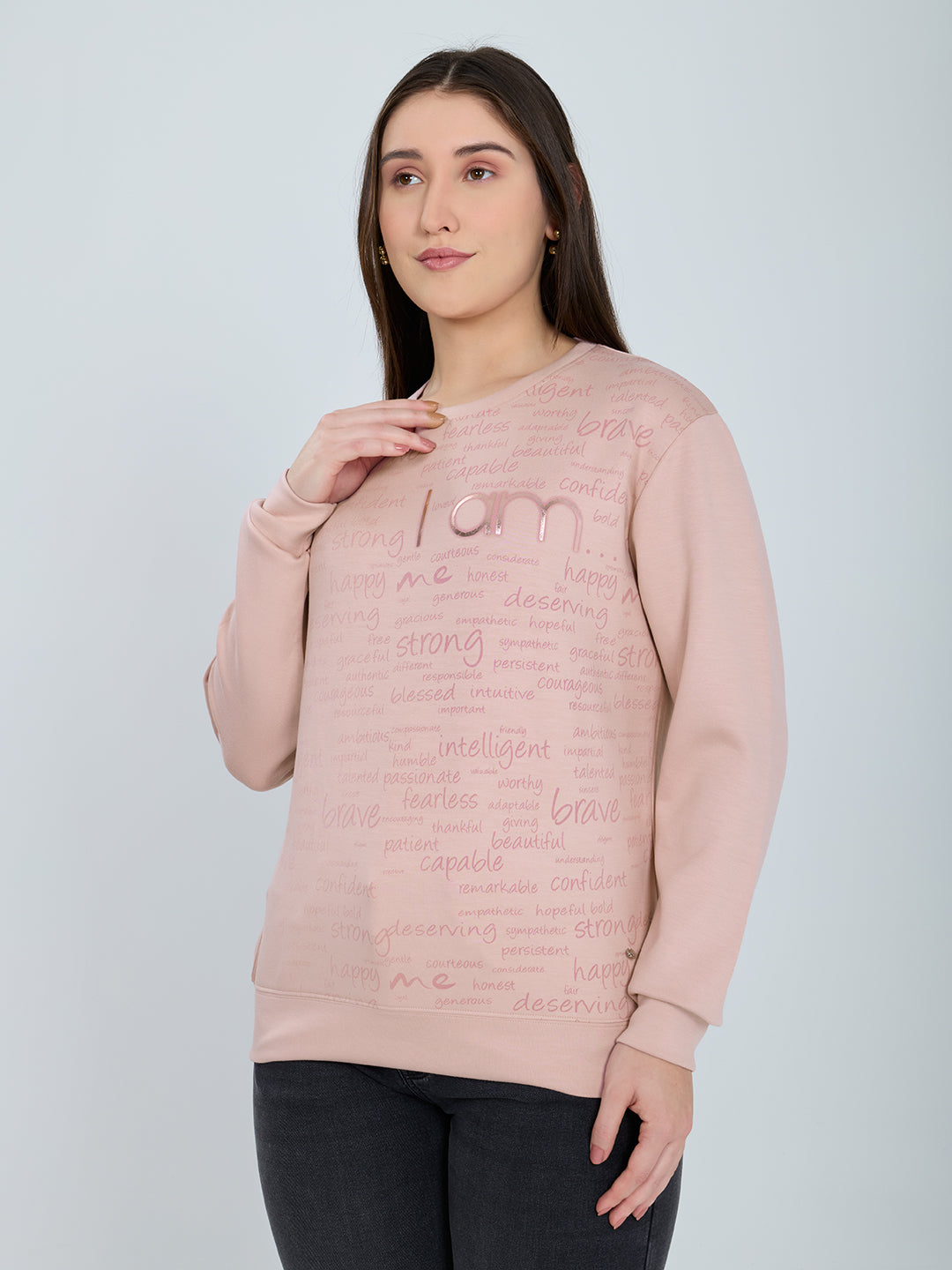 Women Pink Printed Round Neck Full Sleeve Sweatshirt