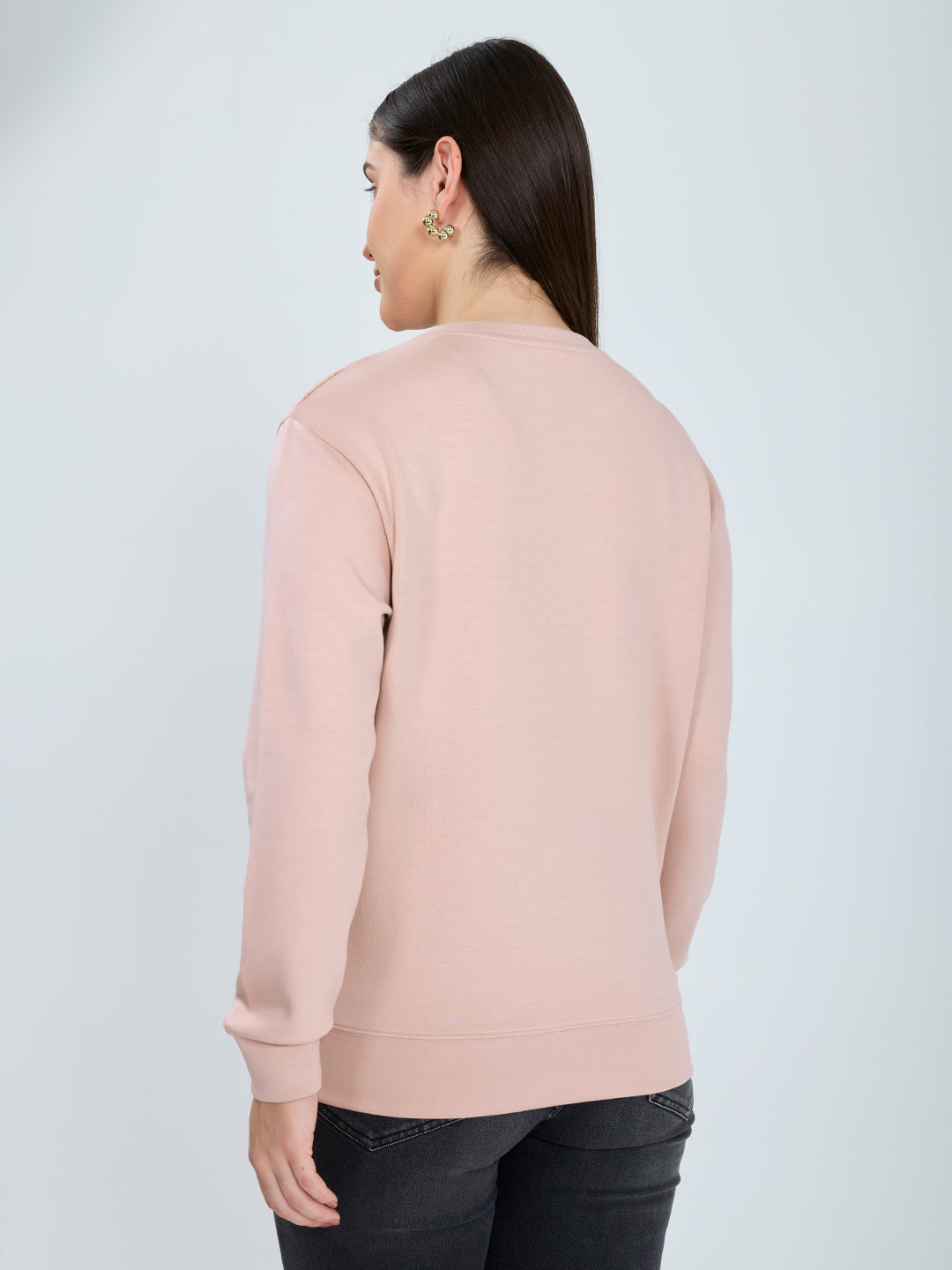 Women Pink Printed Round Neck Full Sleeve Sweatshirt