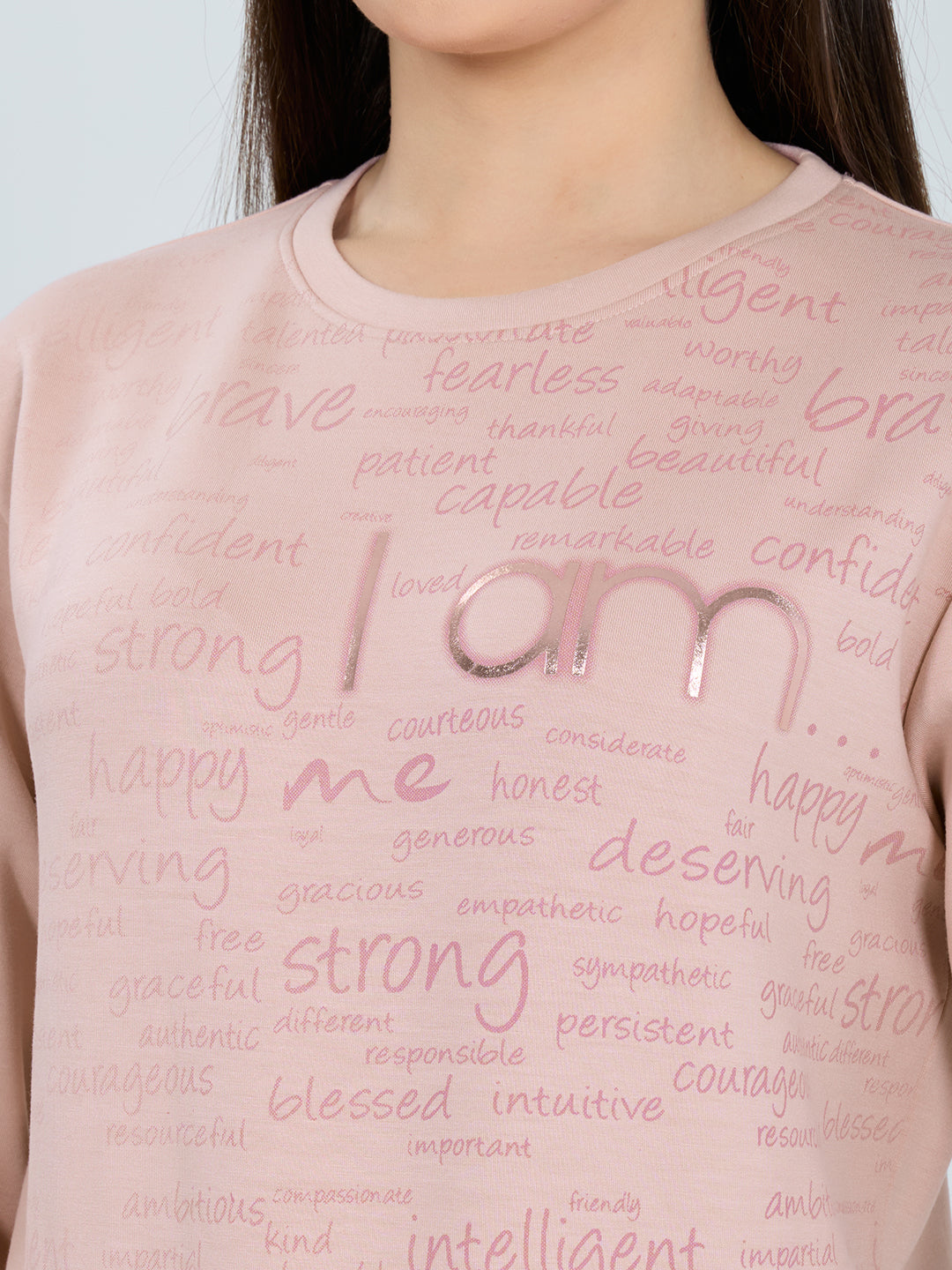 Women Pink Printed Round Neck Full Sleeve Sweatshirt