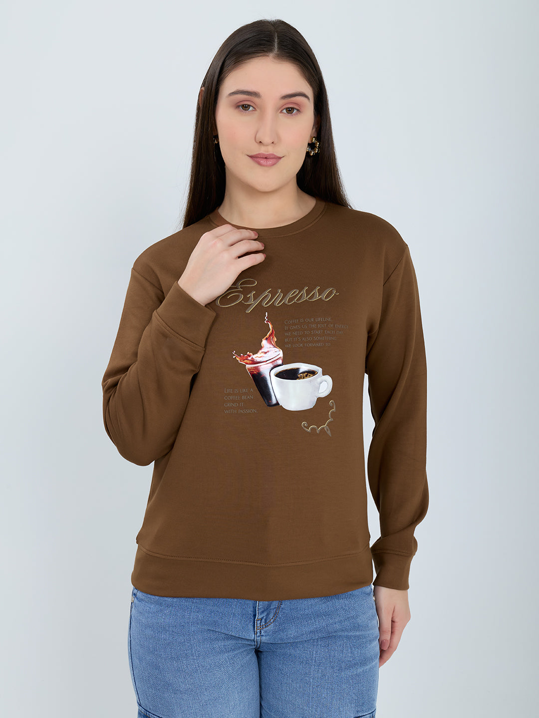 Women Brown Printed Round Neck Full Sleeve Sweatshirt