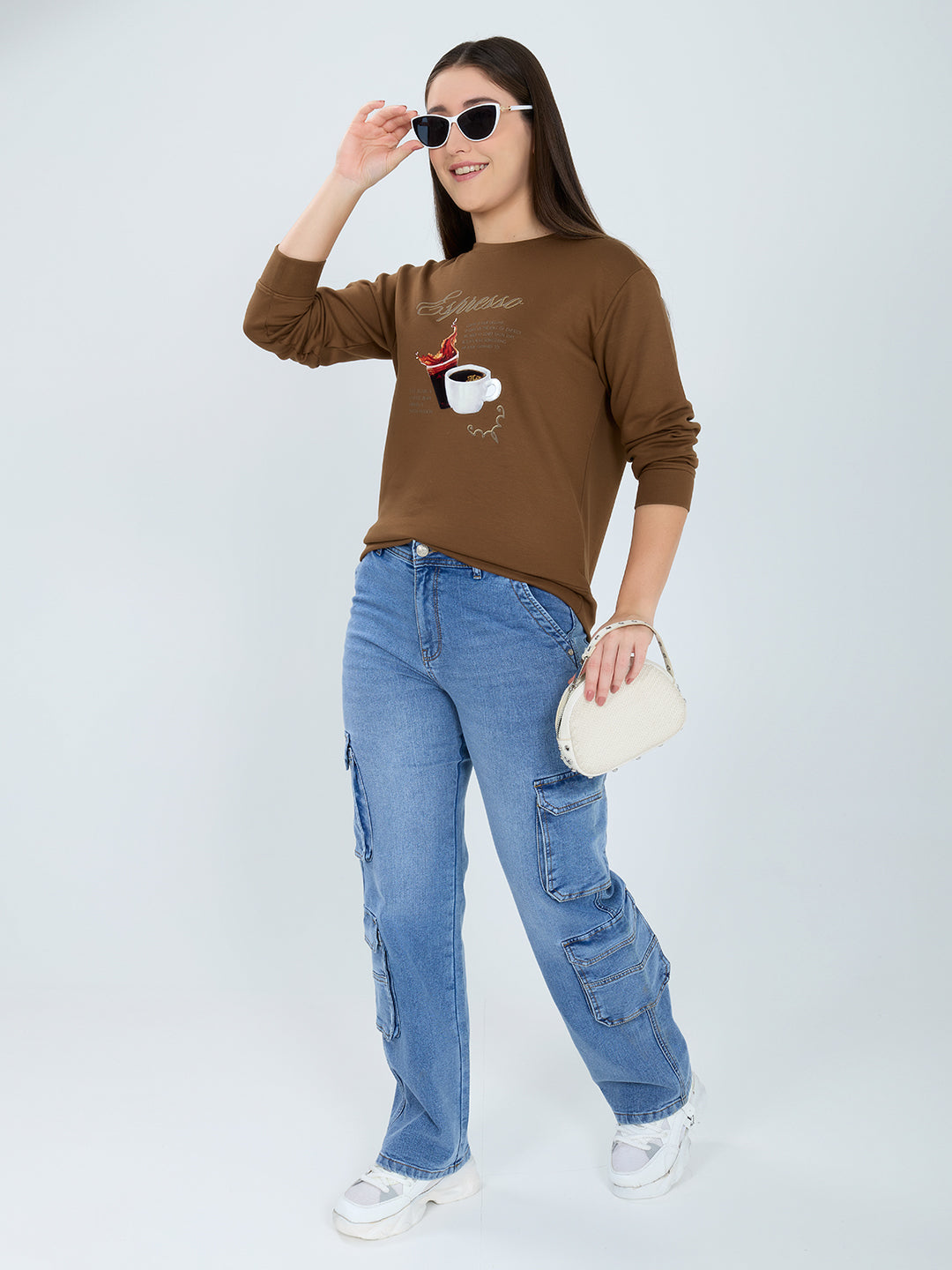 Women Brown Printed Round Neck Full Sleeve Sweatshirt
