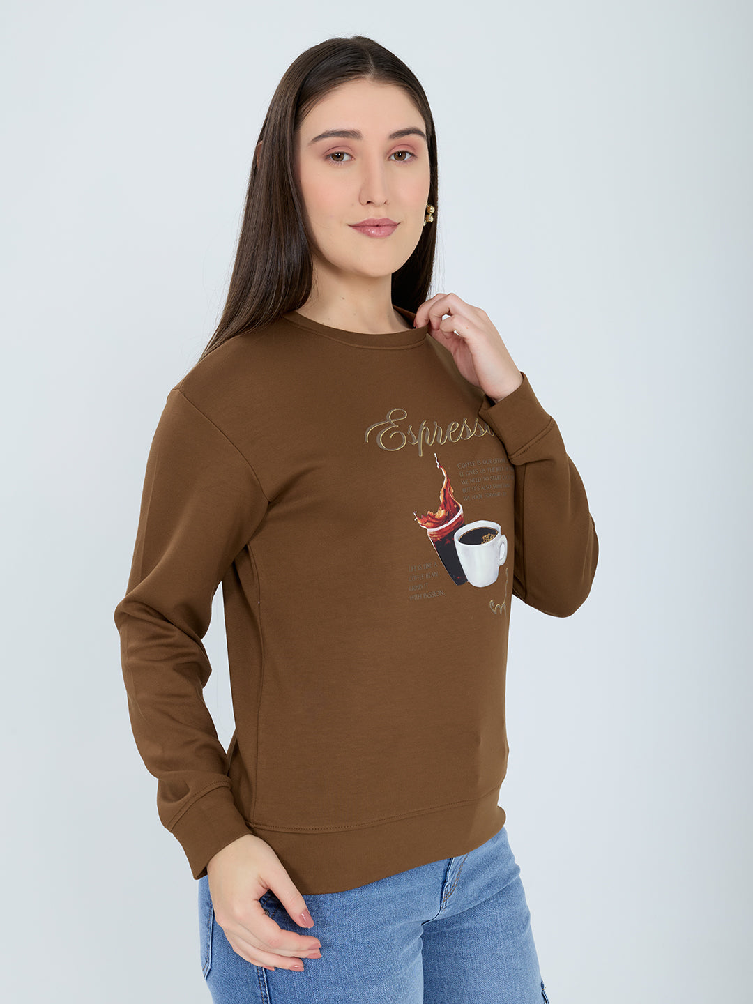 Women Brown Printed Round Neck Full Sleeve Sweatshirt