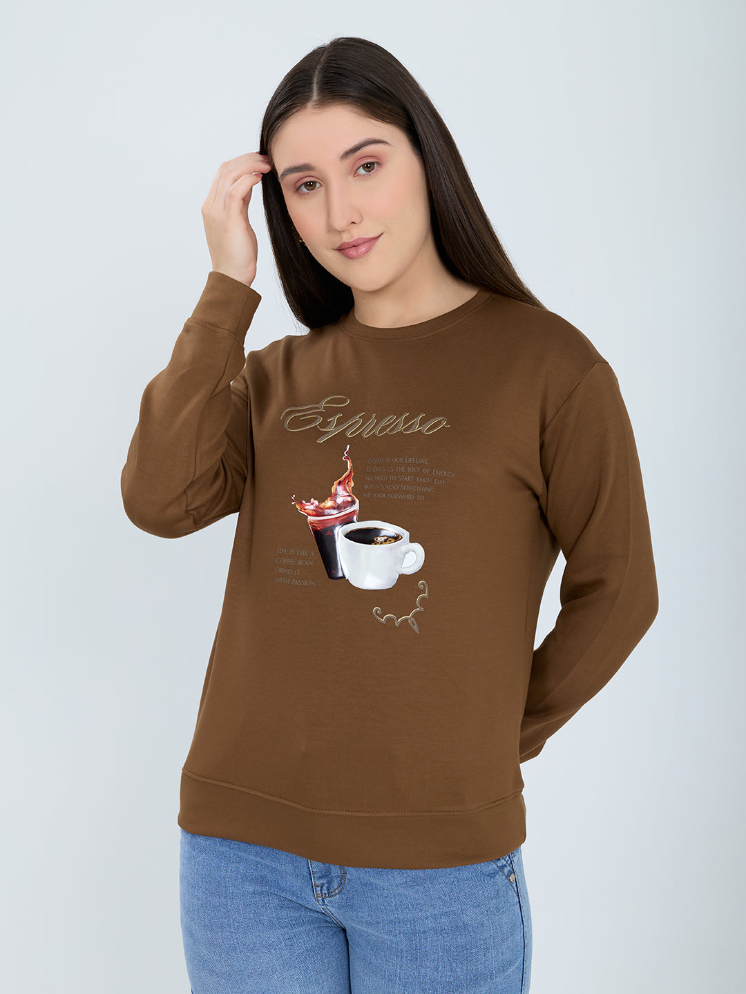 Women Brown Printed Round Neck Full Sleeve Sweatshirt