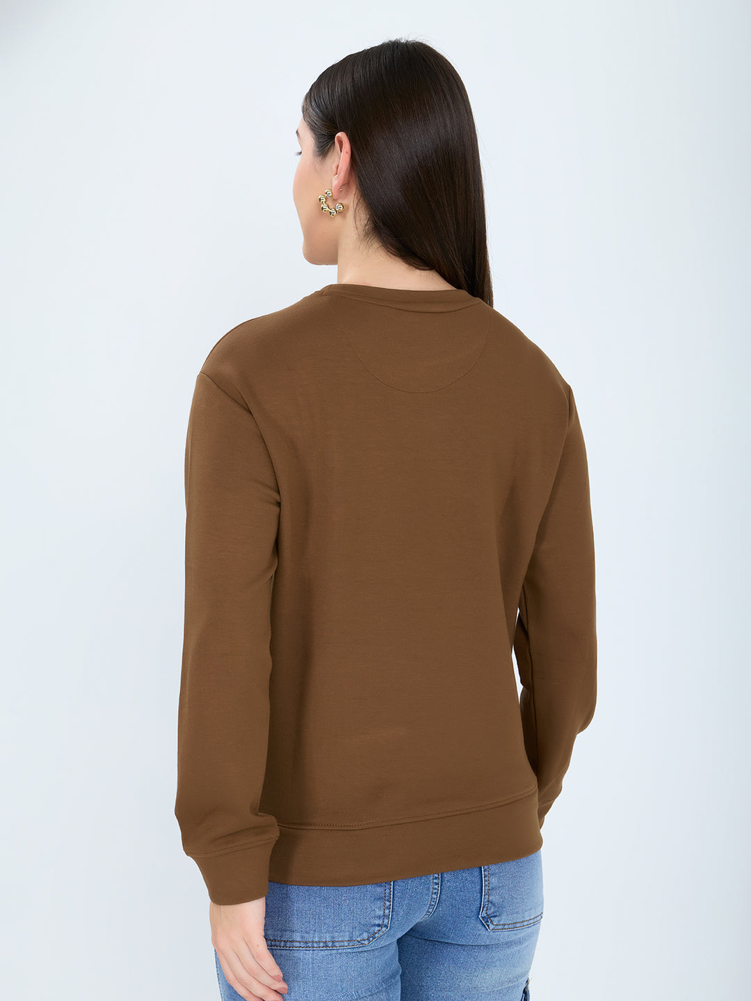 Women Brown Printed Round Neck Full Sleeve Sweatshirt