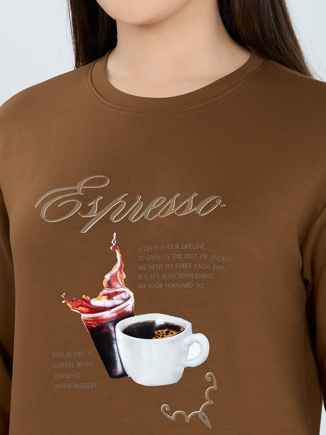 Women Brown Printed Round Neck Full Sleeve Sweatshirt