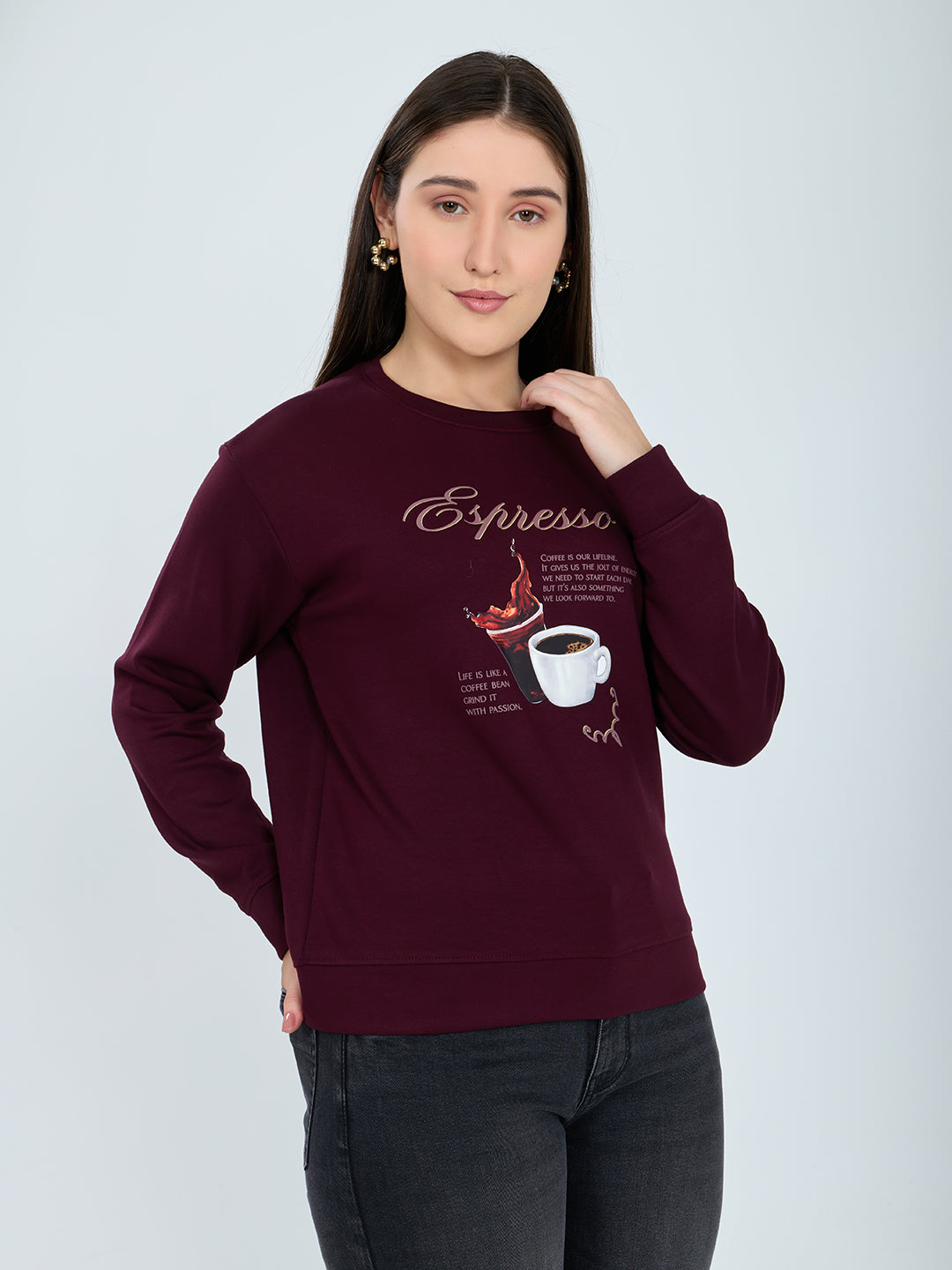 Women Burgundy Printed Round Neck Full Sleeve Sweatshirt