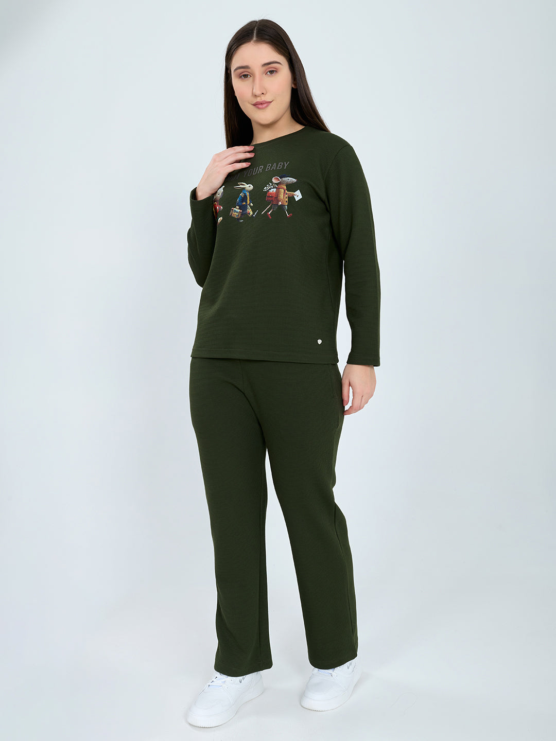 Women Olive Printed Round Neck Full Sleeve Cords Set