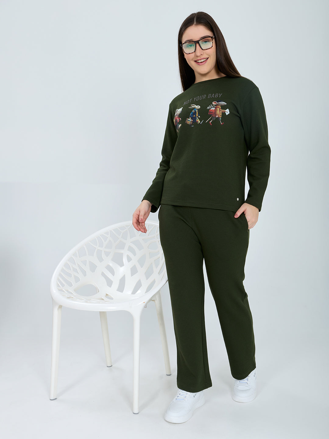 Women Olive Printed Round Neck Full Sleeve Cords Set