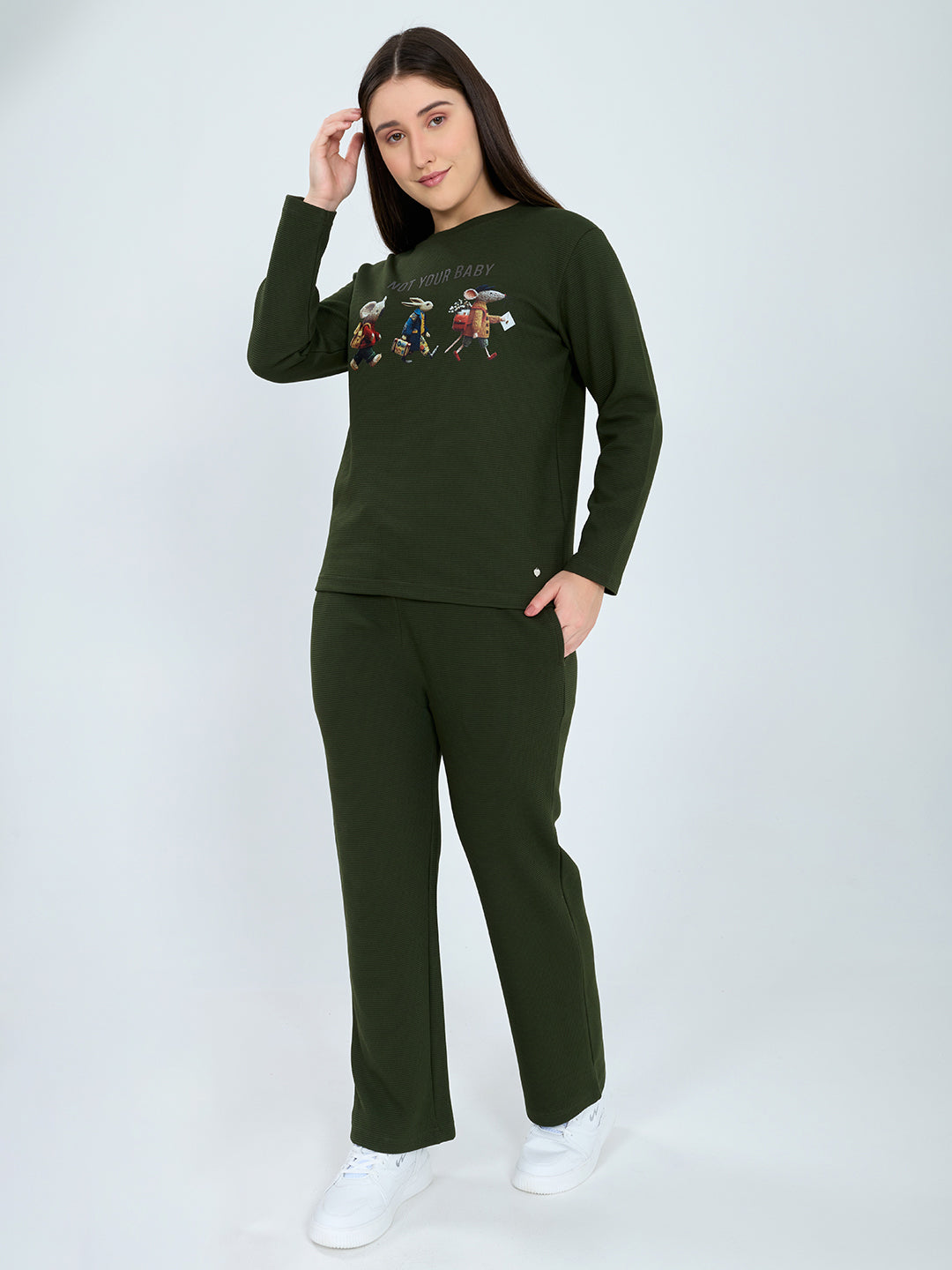 Women Olive Printed Round Neck Full Sleeve Cords Set