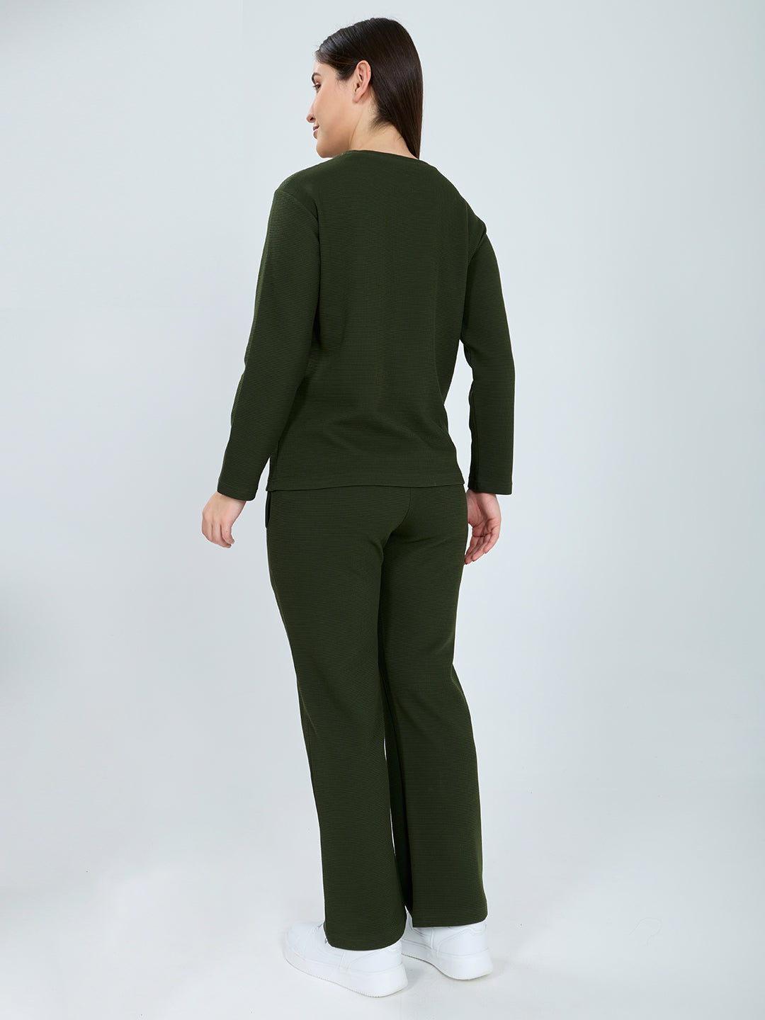Women Olive Printed Round Neck Full Sleeve Cords Set