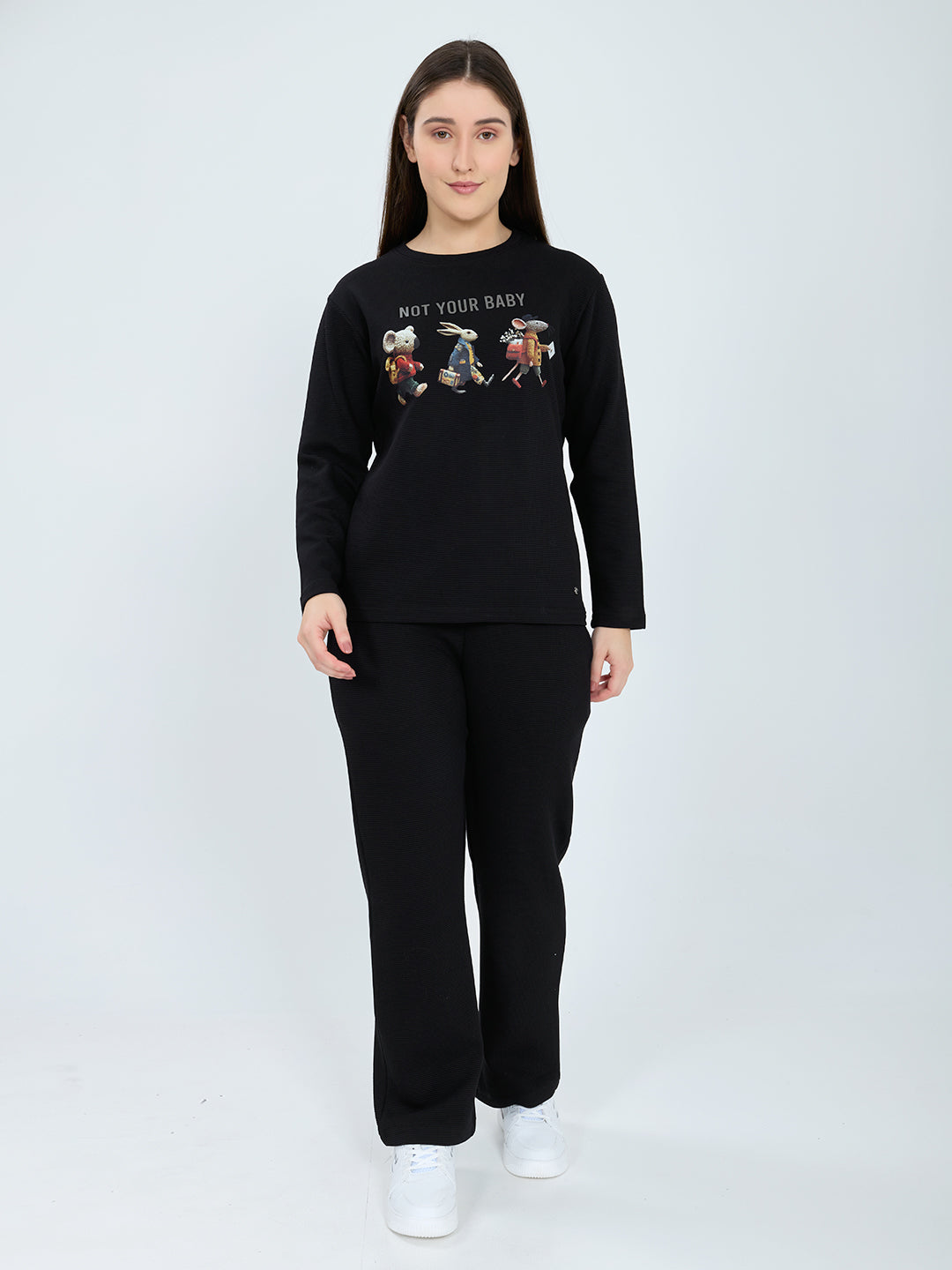 Women Black Printed Round Neck Full Sleeve Cords Set