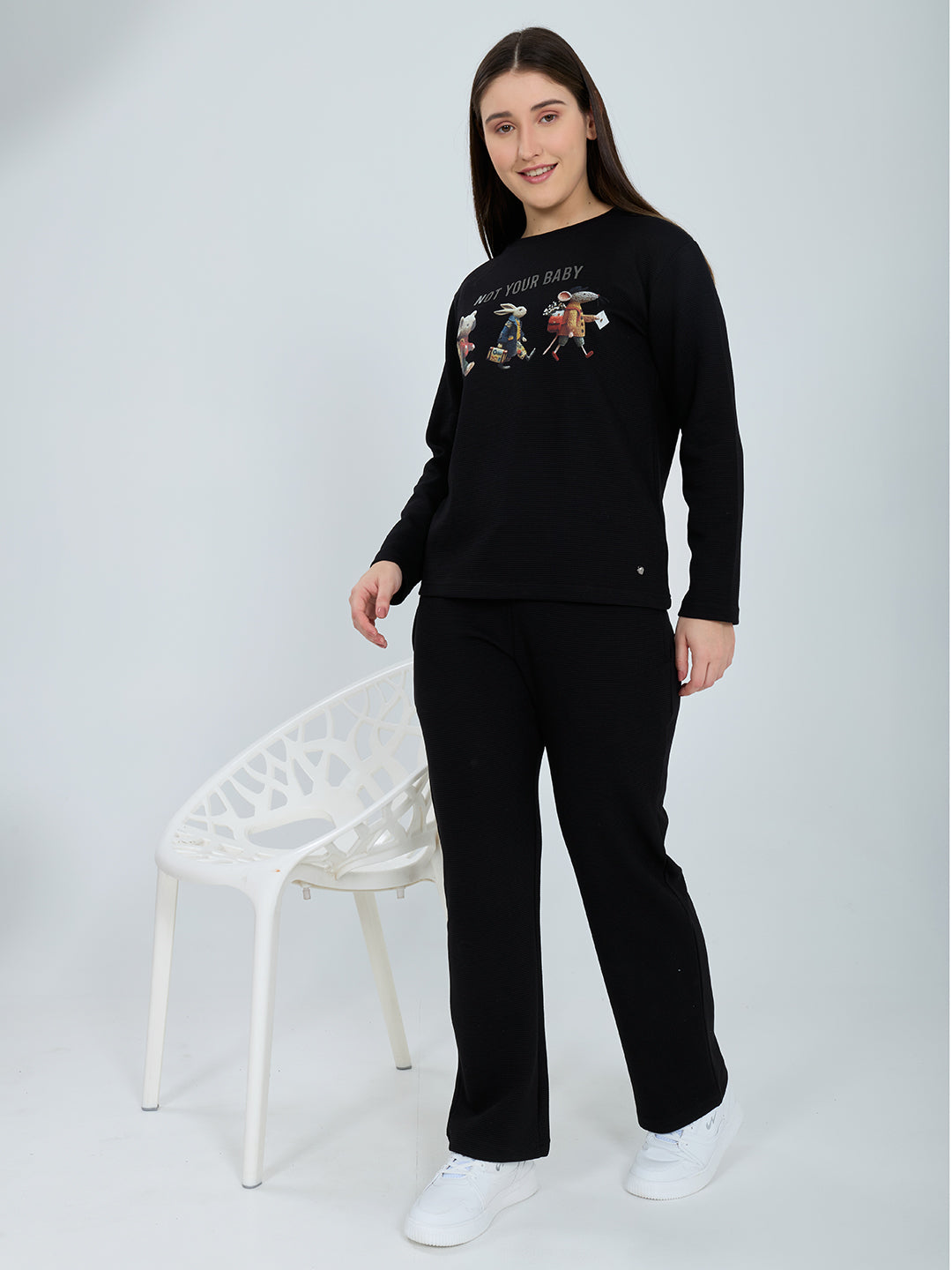 Women Black Printed Round Neck Full Sleeve Cords Set